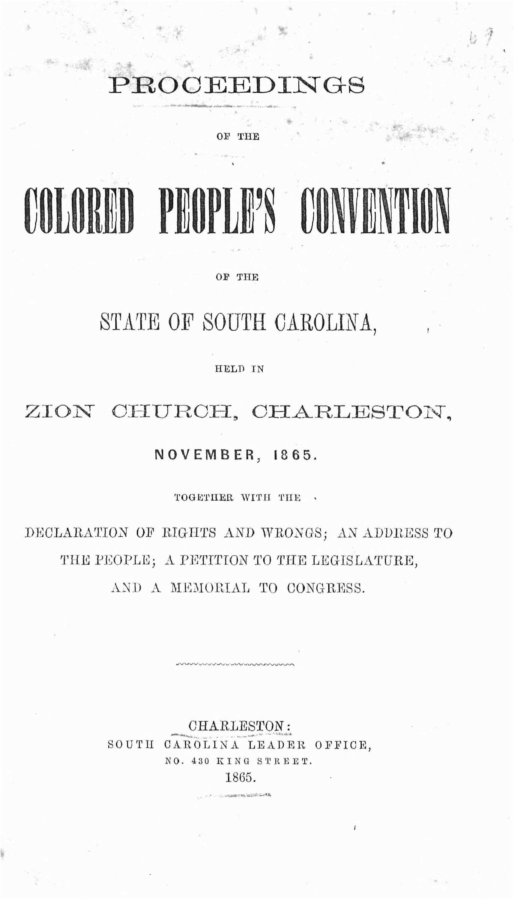 A white paper advertising for the proceeding for the Colored People's Convention. It has the location and date.