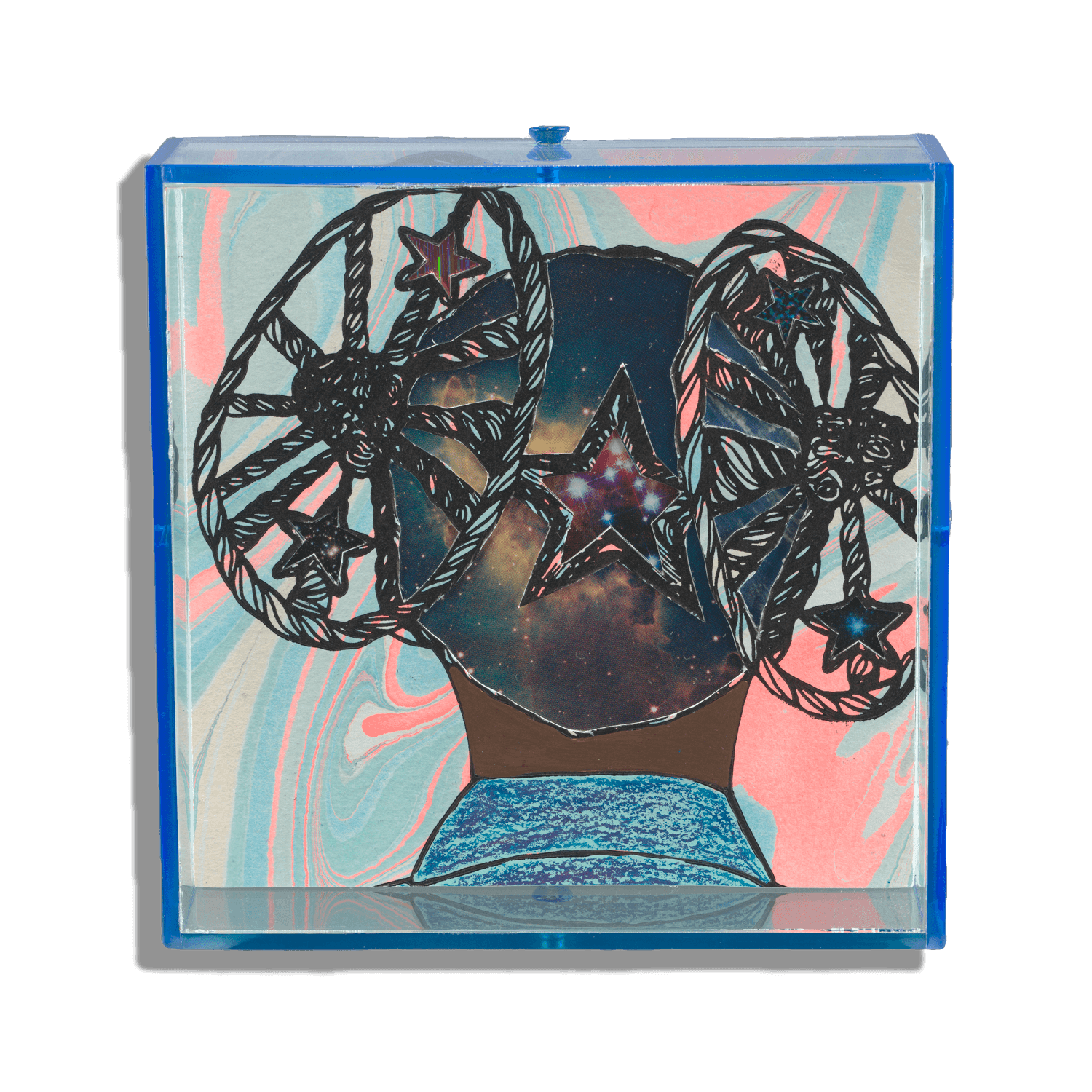 A collage piece depicting the back of a young black girls head with her hair braided into two large wheels.