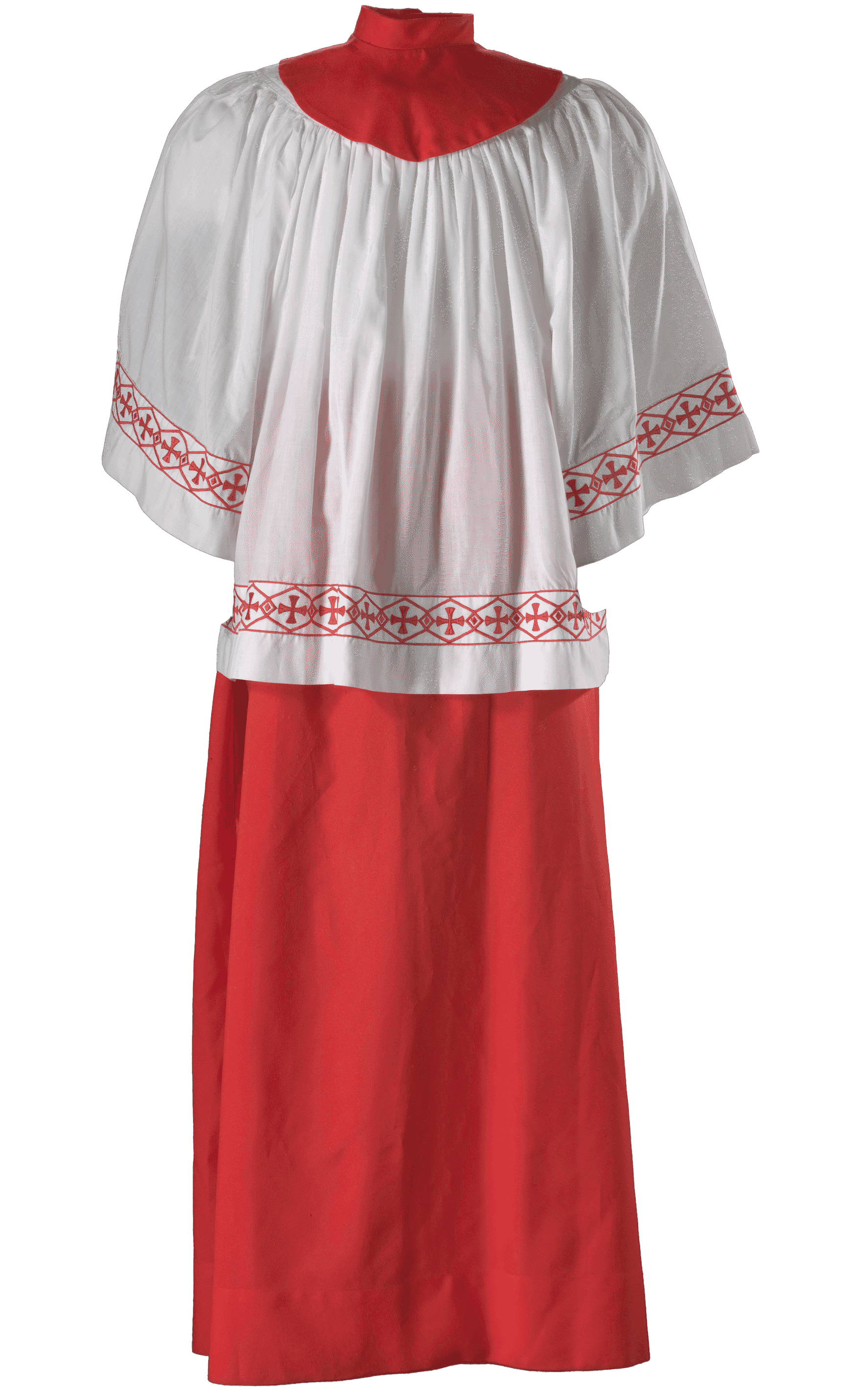 Short, white and red acolyte robe (a), with skirt (b), and collar (c). The robe has a border along the waist and sleeves. Border is a red embroidered geometric pattern with interlocking, elongated diamonds. Within each diamond is a cross. Where the diamonds overlap is a smaller solid diamond. Robe length stops just below the waist. Long, red, adjustable skirt with ties at back. Hem runs roughly four inches from the bottom. String ties for adjustable waist. Red collar with round base stitched to the collar band. Collar is secured with two (2) snaps at the back below the collar band.