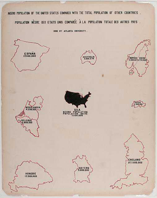 Hand drawn visualization comparing the populations of African Americans with the total population of other countries including, Spain, Australia, Norway, Sweden, Netherlands, Belgium, Switzerland, Hungry, Bayern (Germany) and England.  Each country's geographic shape is in outline with name and population inside.  They surround a map of the USA and the African American population in 1900.