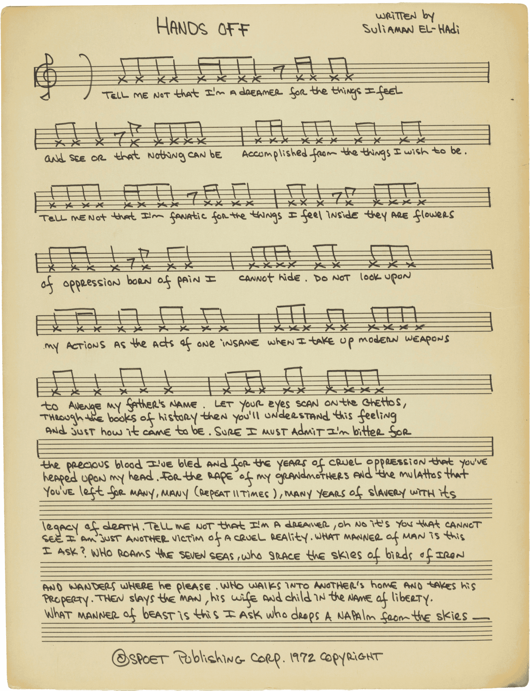 Image of Sheet music for “Hands Off” written by Sulaiman El-Hadi