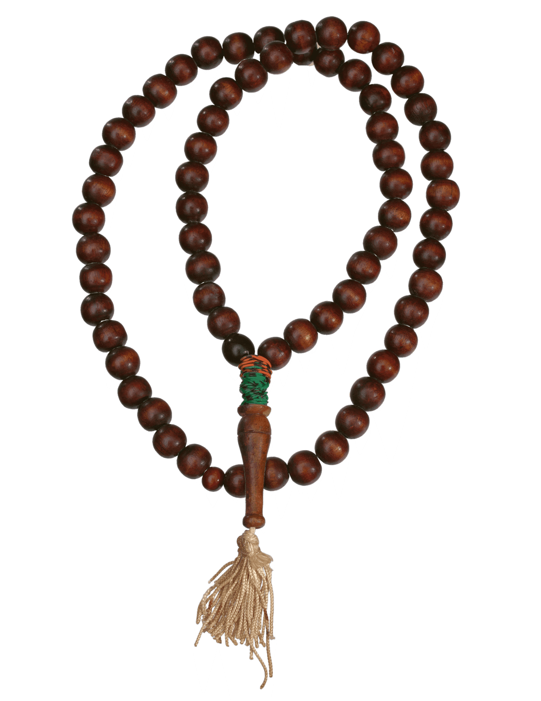 Brown beaded necklace made of 68 round wooden beads. Wood piece with tan tassel at end of necklace. Orange and green wire near tassel.