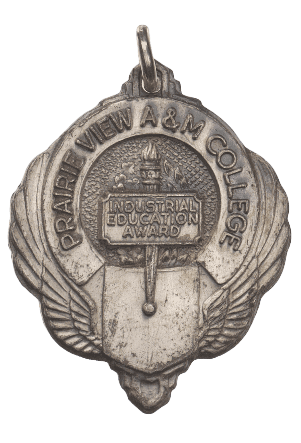 Silver medal for an Industrial Education Award from Prairie View A&M College with a torch in the center.