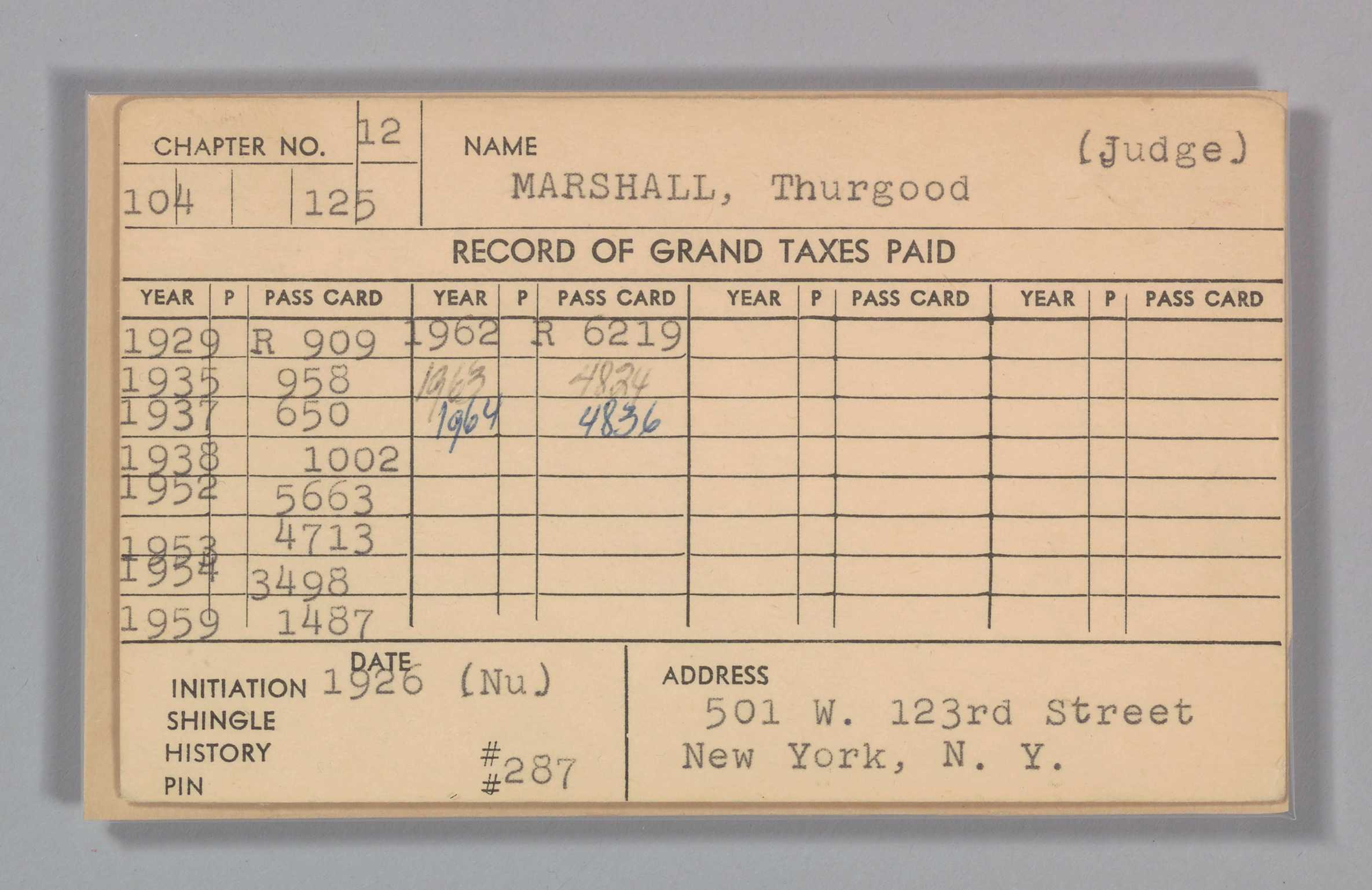An index card of dues paid by Thurgood Marshall's to Alpha Phi Alpha Fraternity.