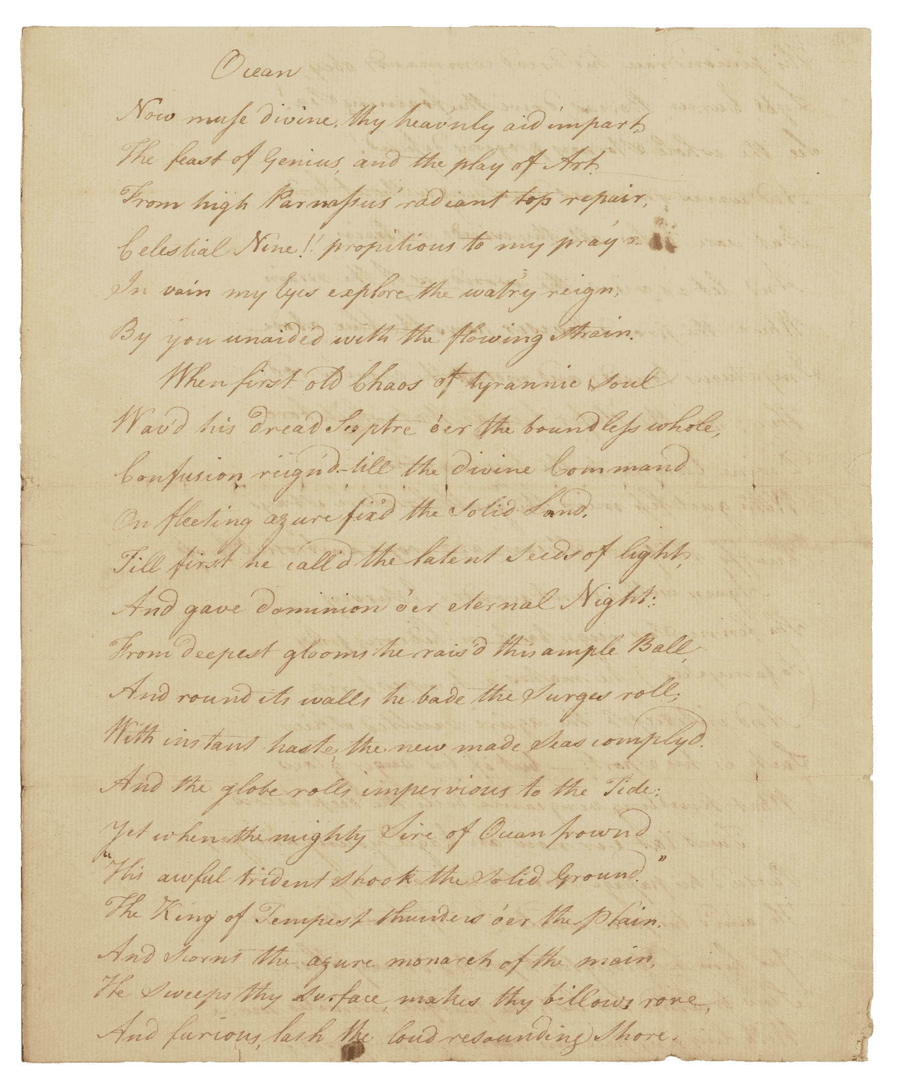 Handwritten document entitled Ocean written by the Poet Phillis Wheatley Peters.