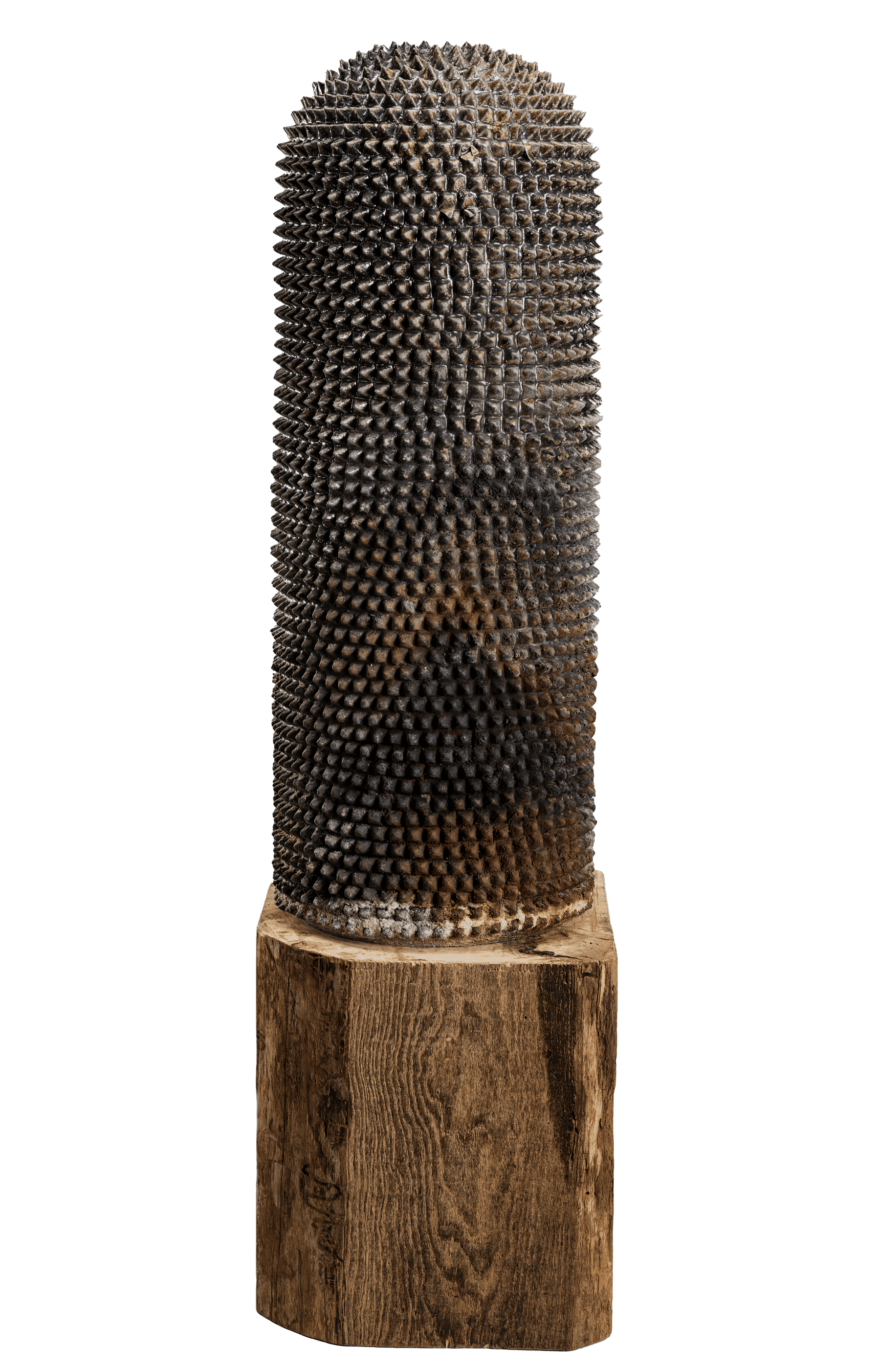 Textured cylindrical sculpture on a wooden base, made of metal spikes.