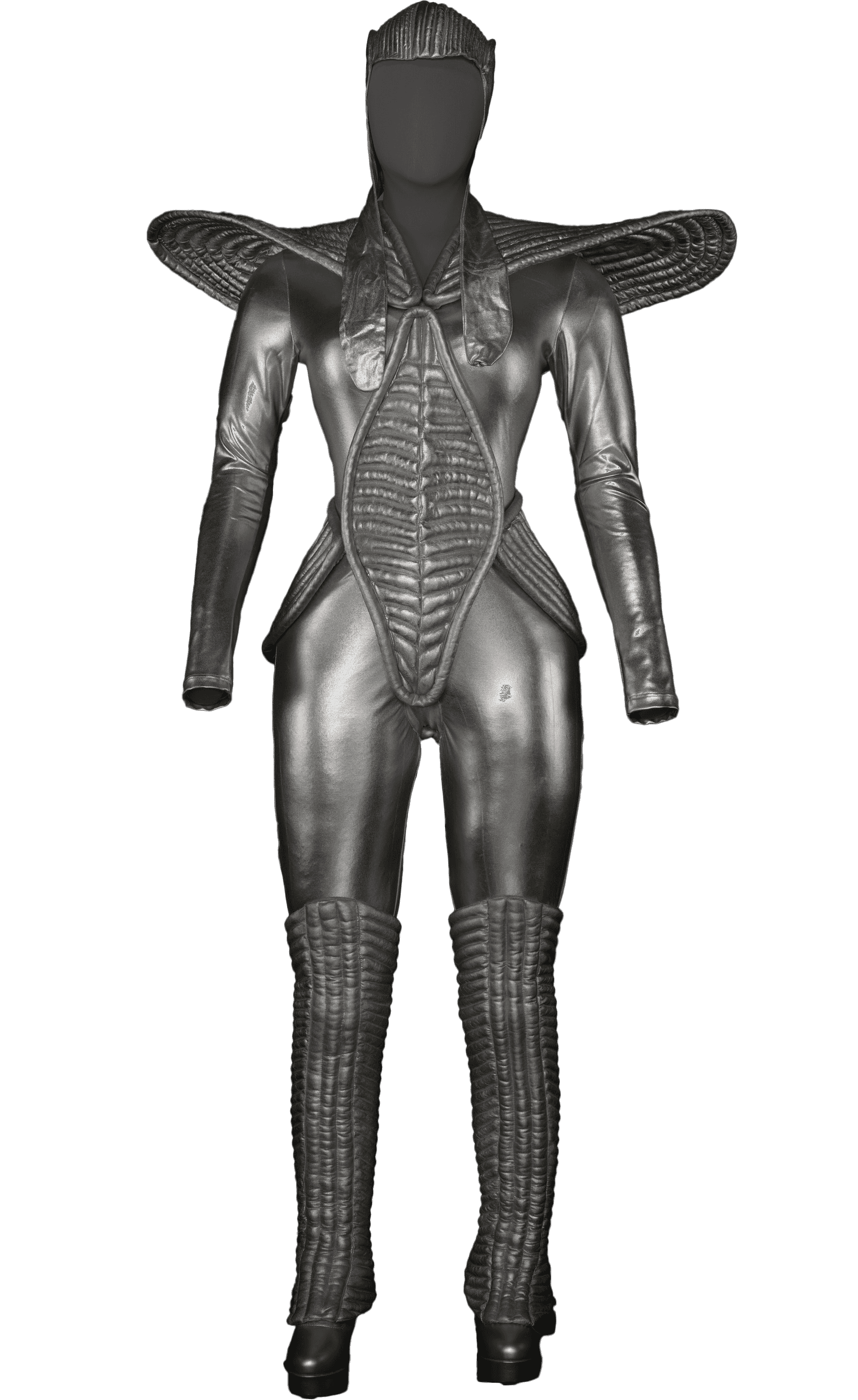 A silver spacesuit like costume covers her head and has oversized shoulder pads.