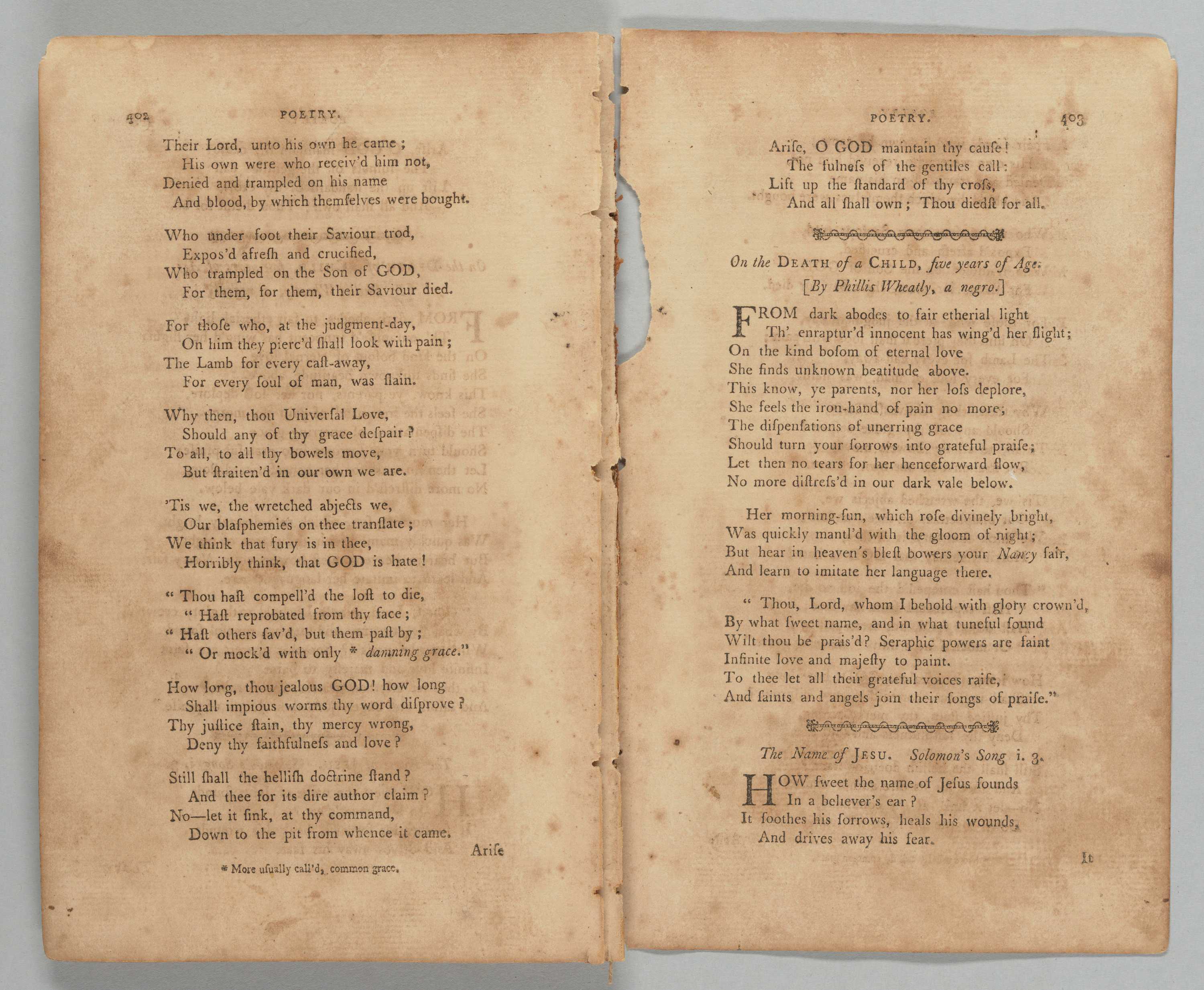Two pages from Phillis Wheatley's book of poetry, including the poem "On Death of a Child".