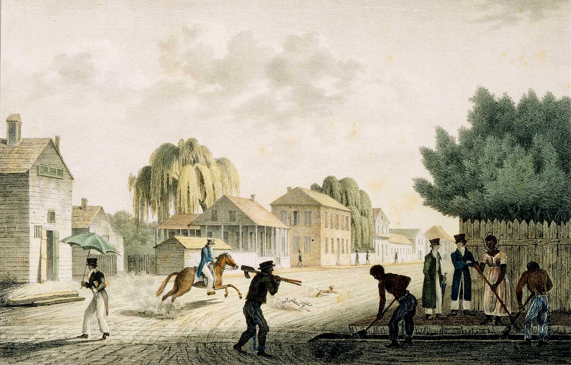 Painting of enslaved persons cleaning a street in New Orleans