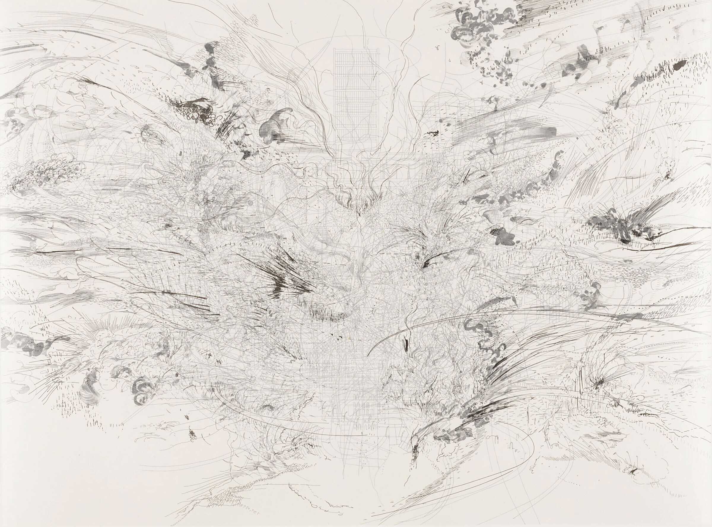Intricate abstract drawing with swirling lines and patterns on a white background, showing complex and chaotic design elements.
