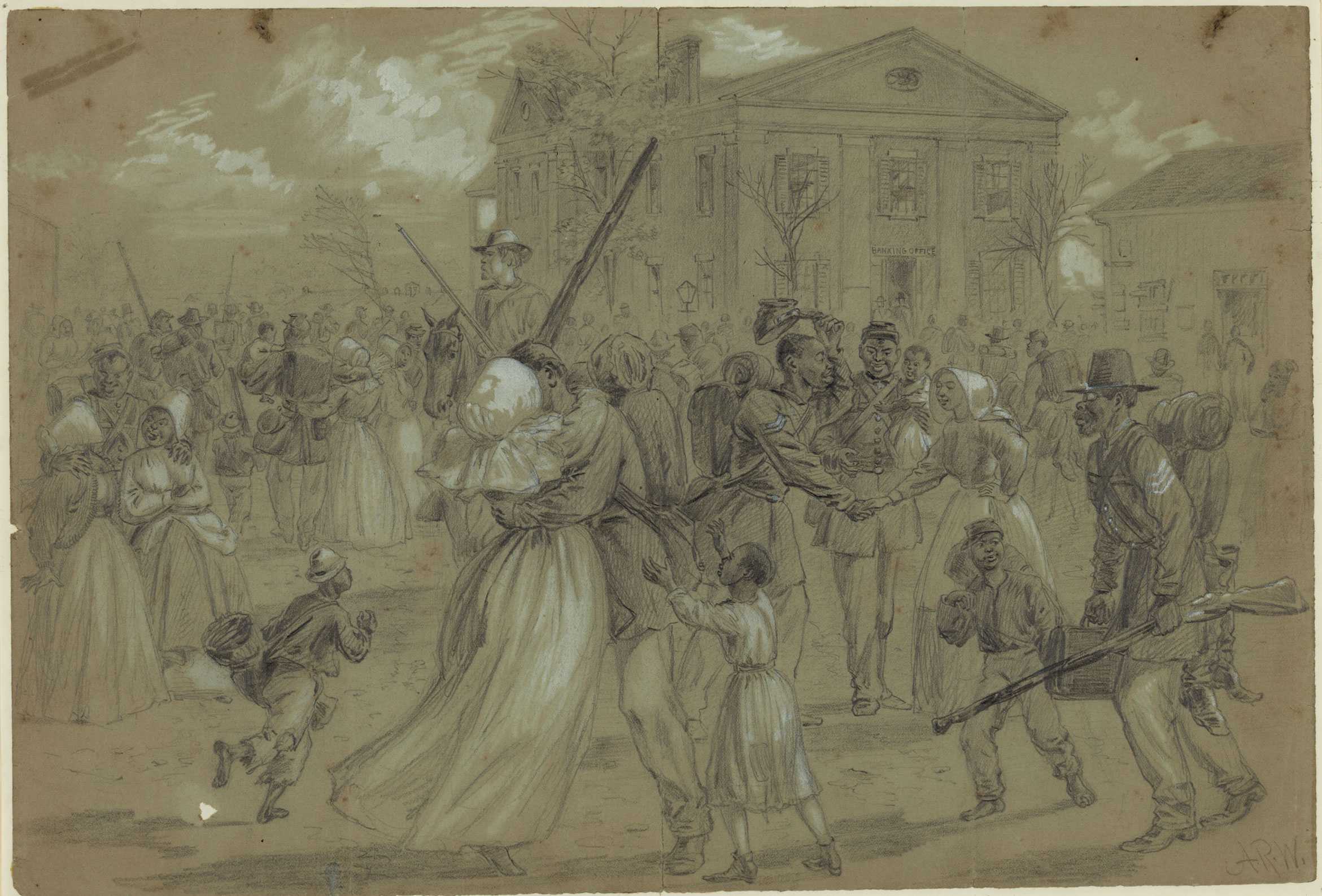 A drawing of African American soldiers celebrating. One soldier is kissing a woman.