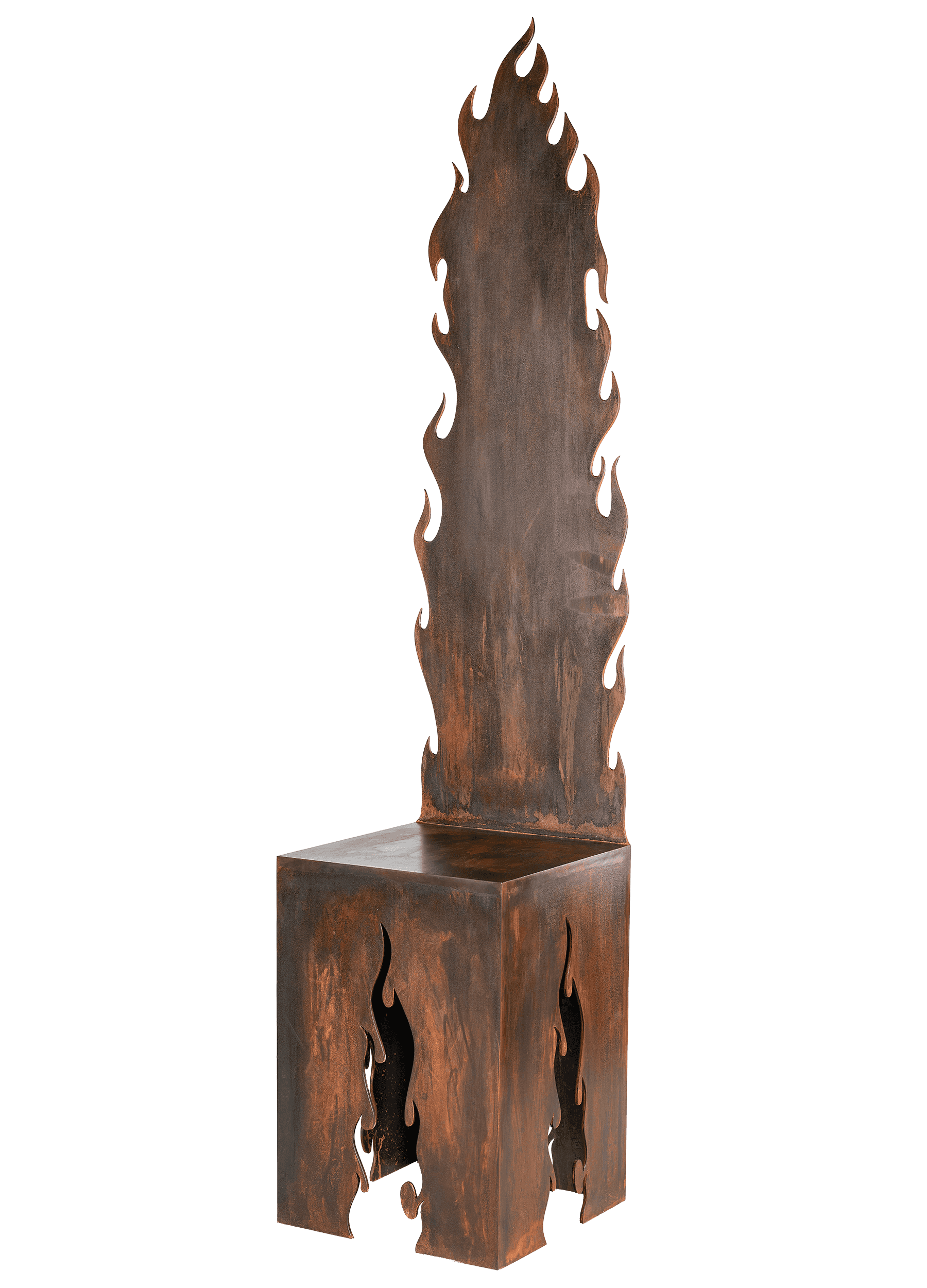 Rust-colored metal chair with flame-shaped cutouts and a tall, sculptural back rising from a boxy base.