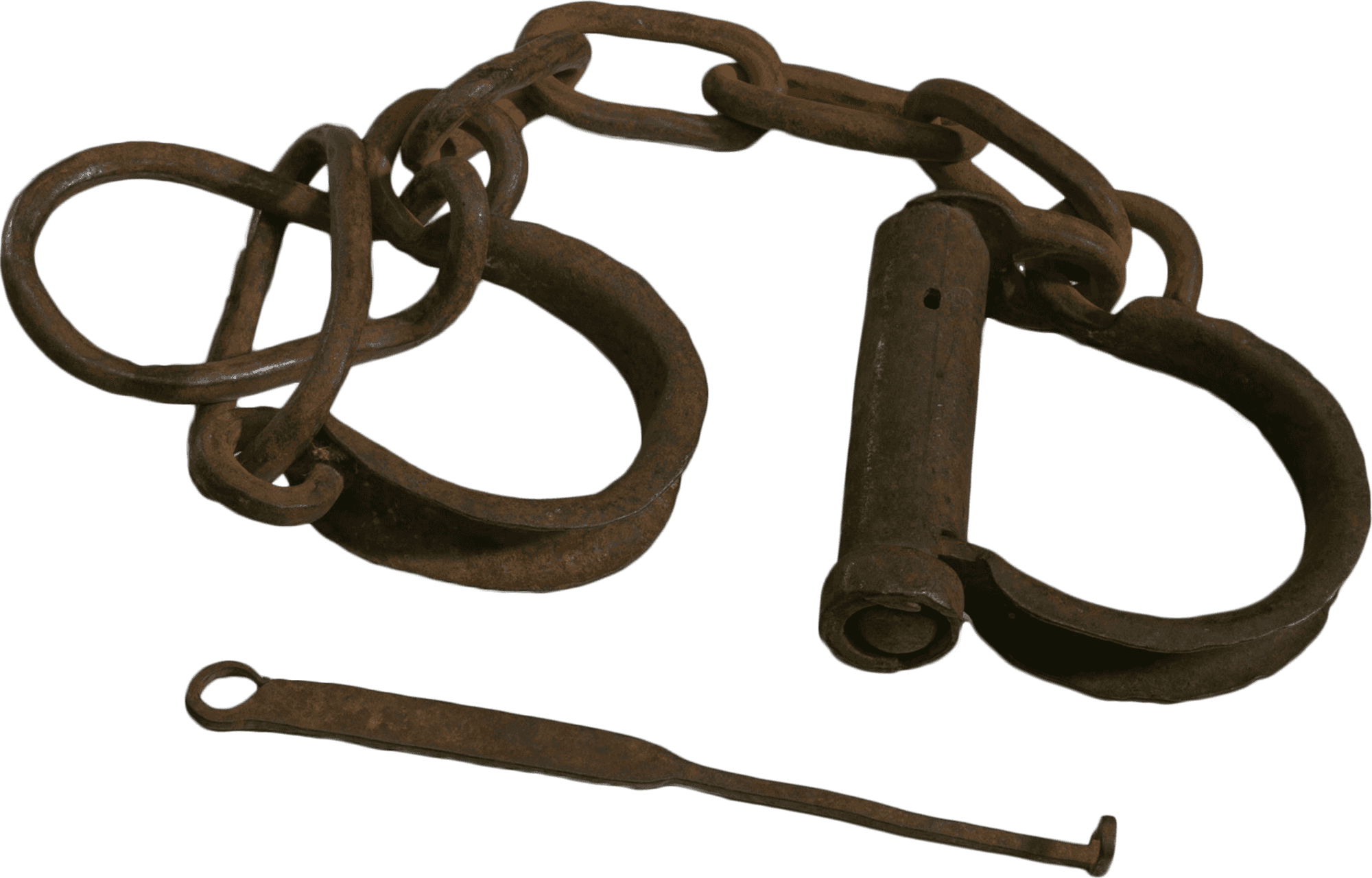 Metal shackle connected by a four link chain to a pair of metal loops. Shackle has a small hole for a key. Key (.2) consists of as thin piece of metal with small loop at end the faces forward. A flat loop is found at the opposite end of the key.