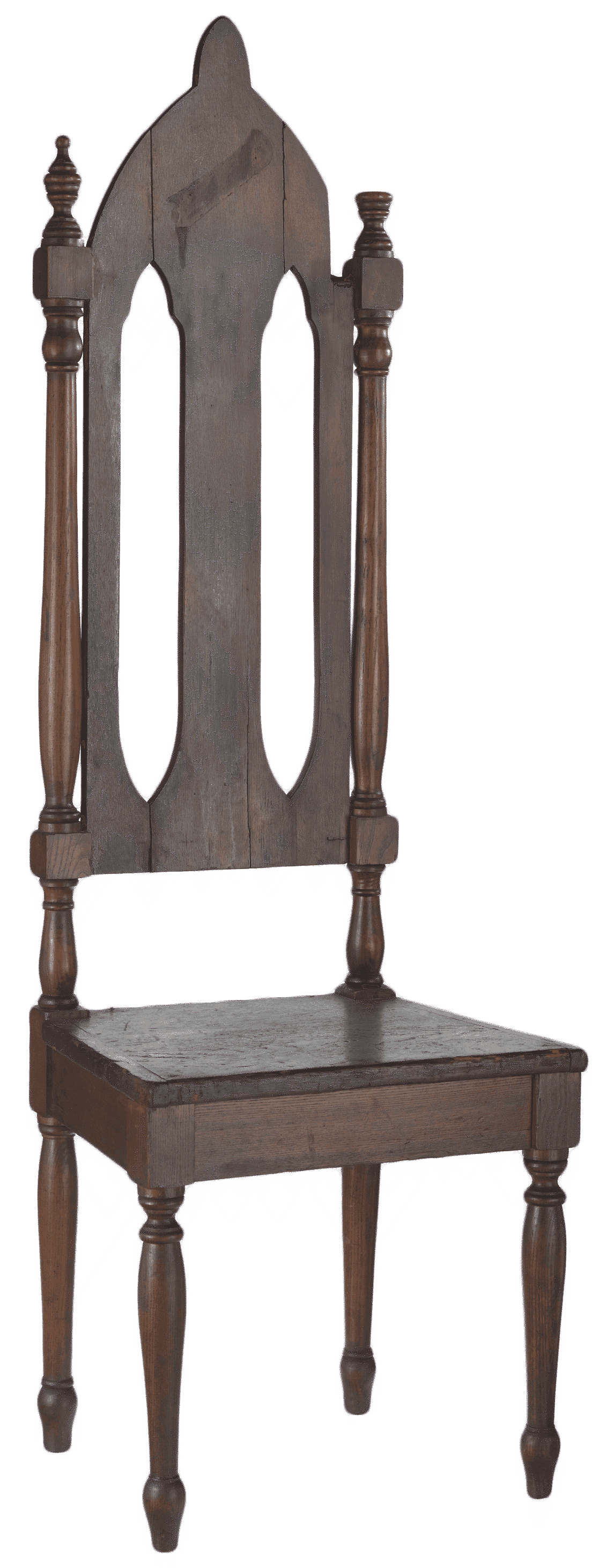 A high backed wooden chair used at the Prince Hall Masonic Lodge of Massachusetts.