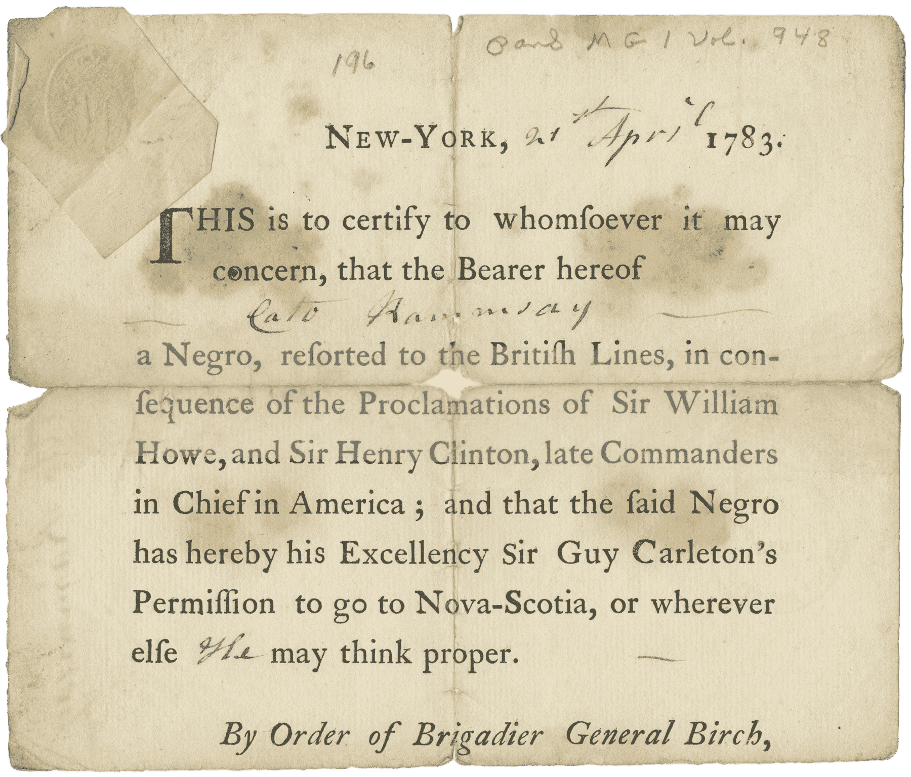 Image of Loyalists’ Certificate of Freedom document
