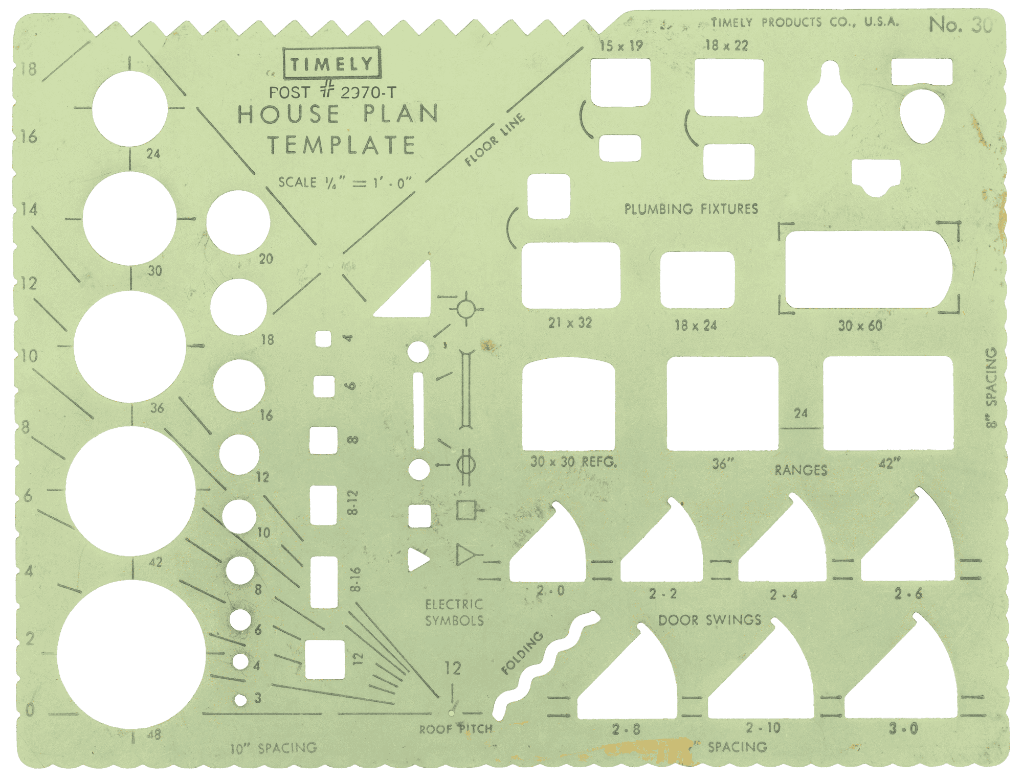 Architectural plumbing template by American Radiator & Standard Sanitary Corporation. The green template has black and red printed text and cut out areas in various shapes.