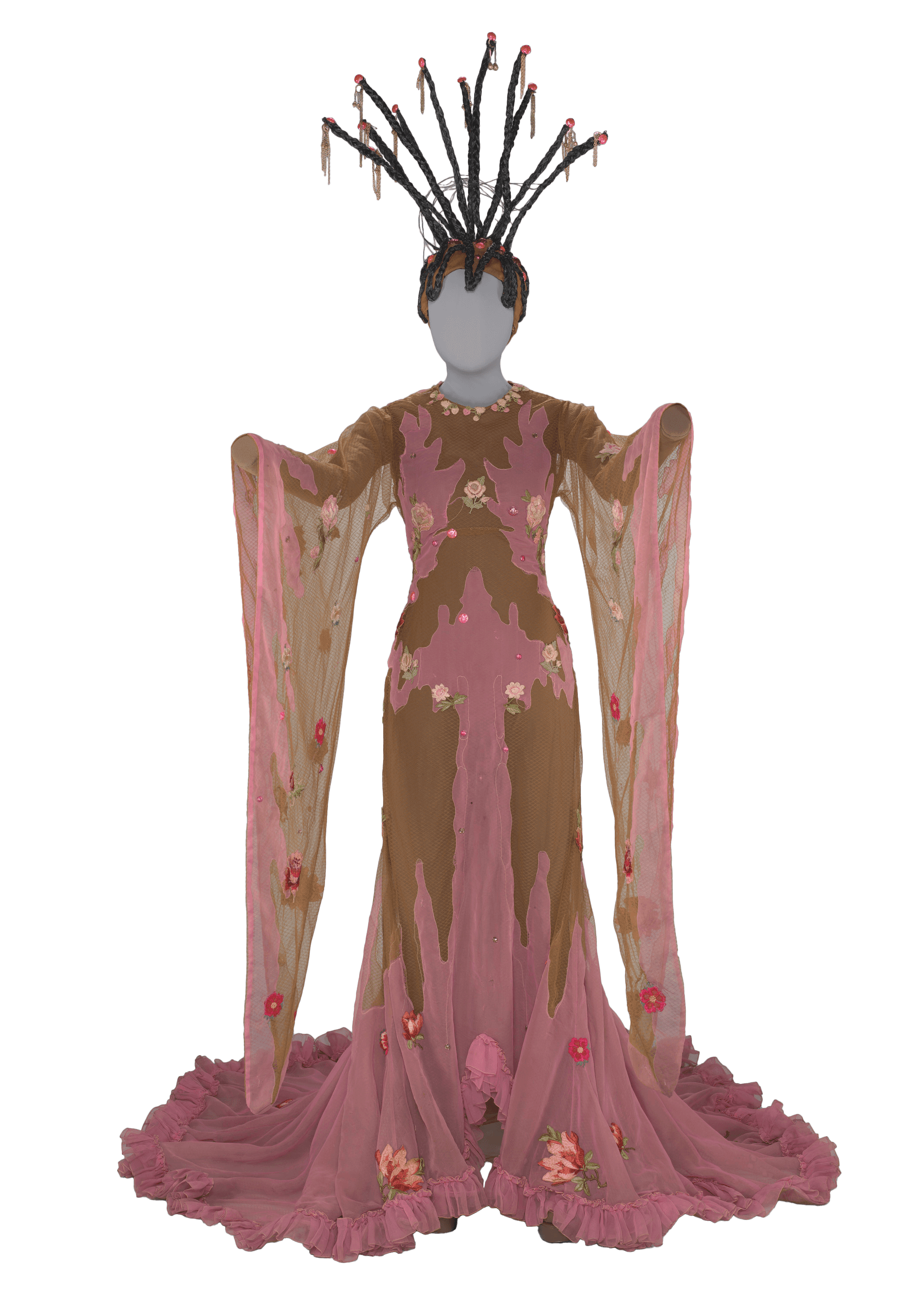A pink and tan floor lengthn costume gown and natural hair like head covering for Glinda the Good Witch in The Wiz.