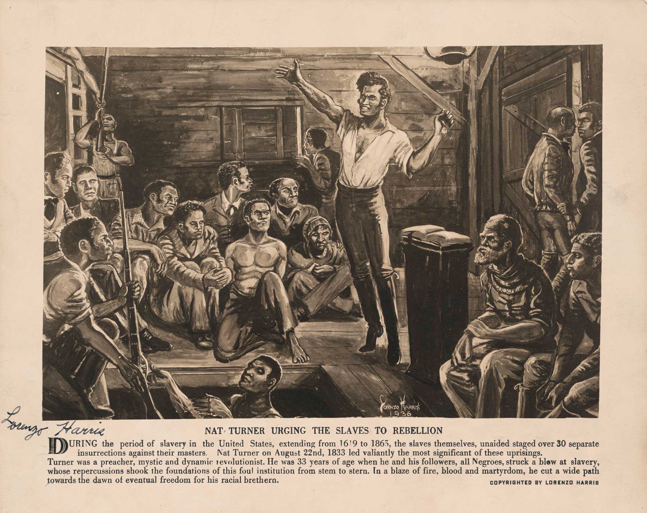 A drawing of Nat Turner speaking to the Slaves. He is standing, gestering largely with his hands, while others sit and listen.