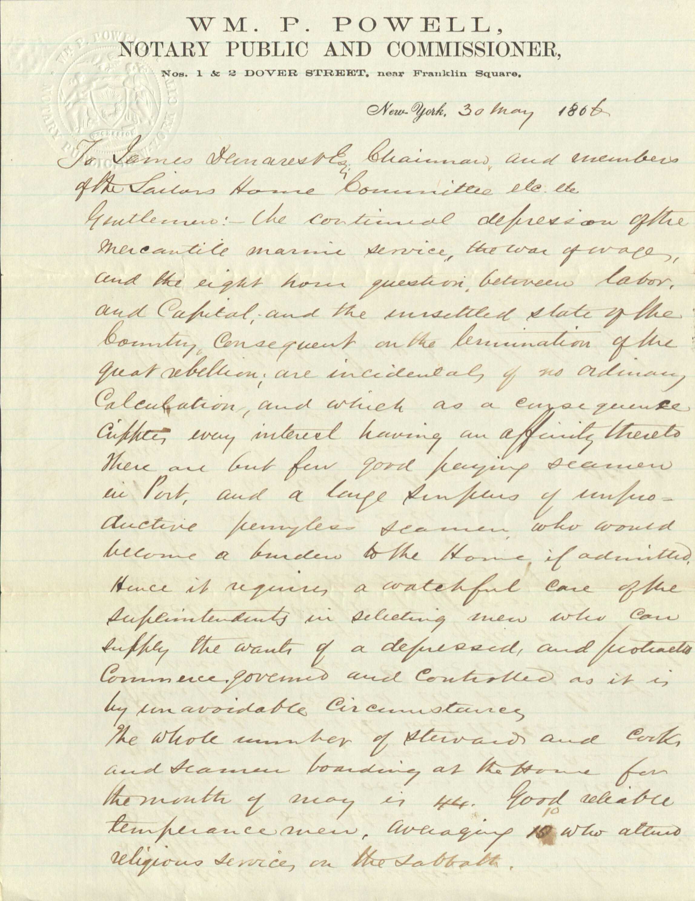 A handwritten letter to American Seamen’s Friend Society. The handwritting is in cursive.