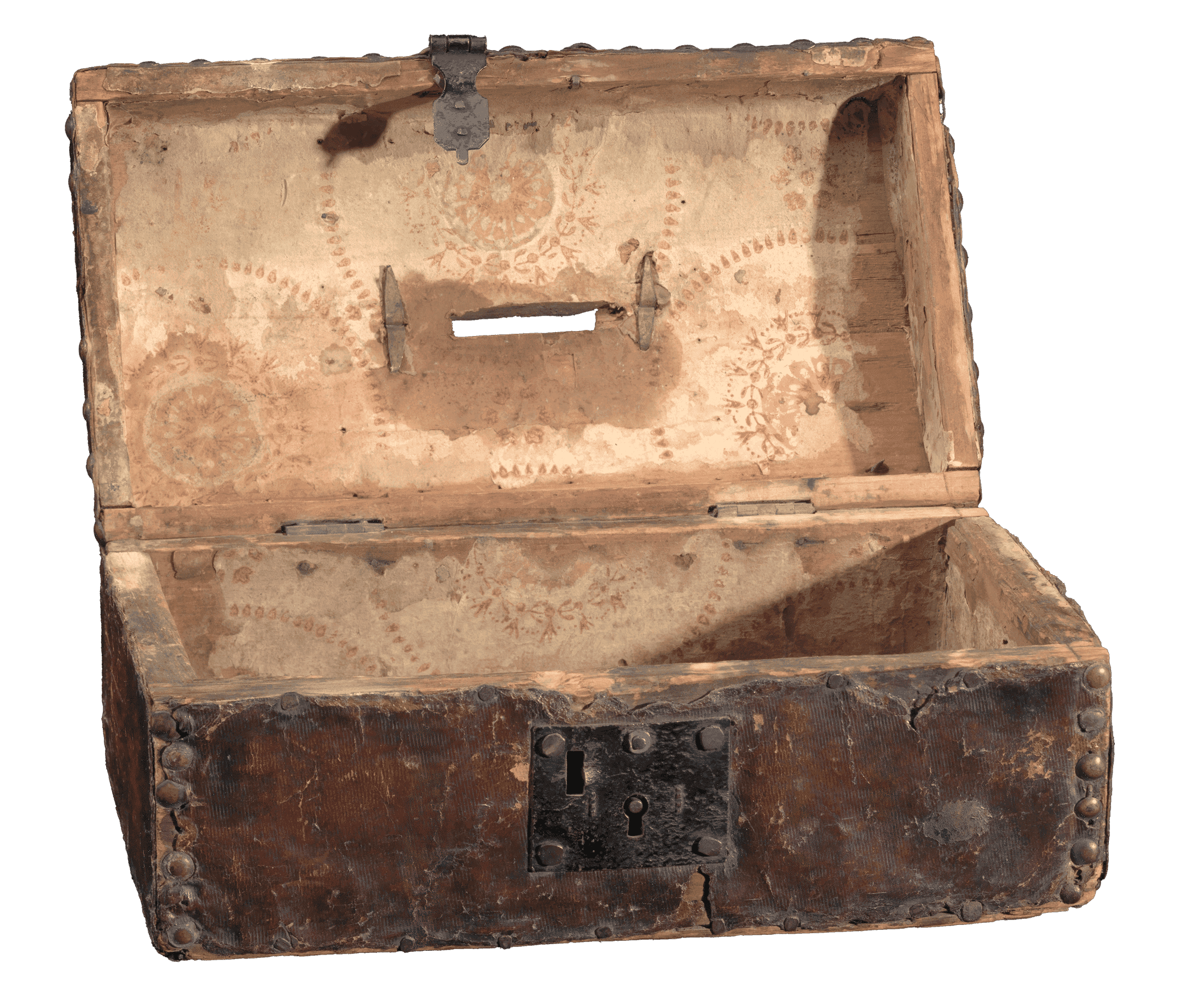 The money box is a dark wood rectangular box that has a brass handle on the top of its hinged lid.