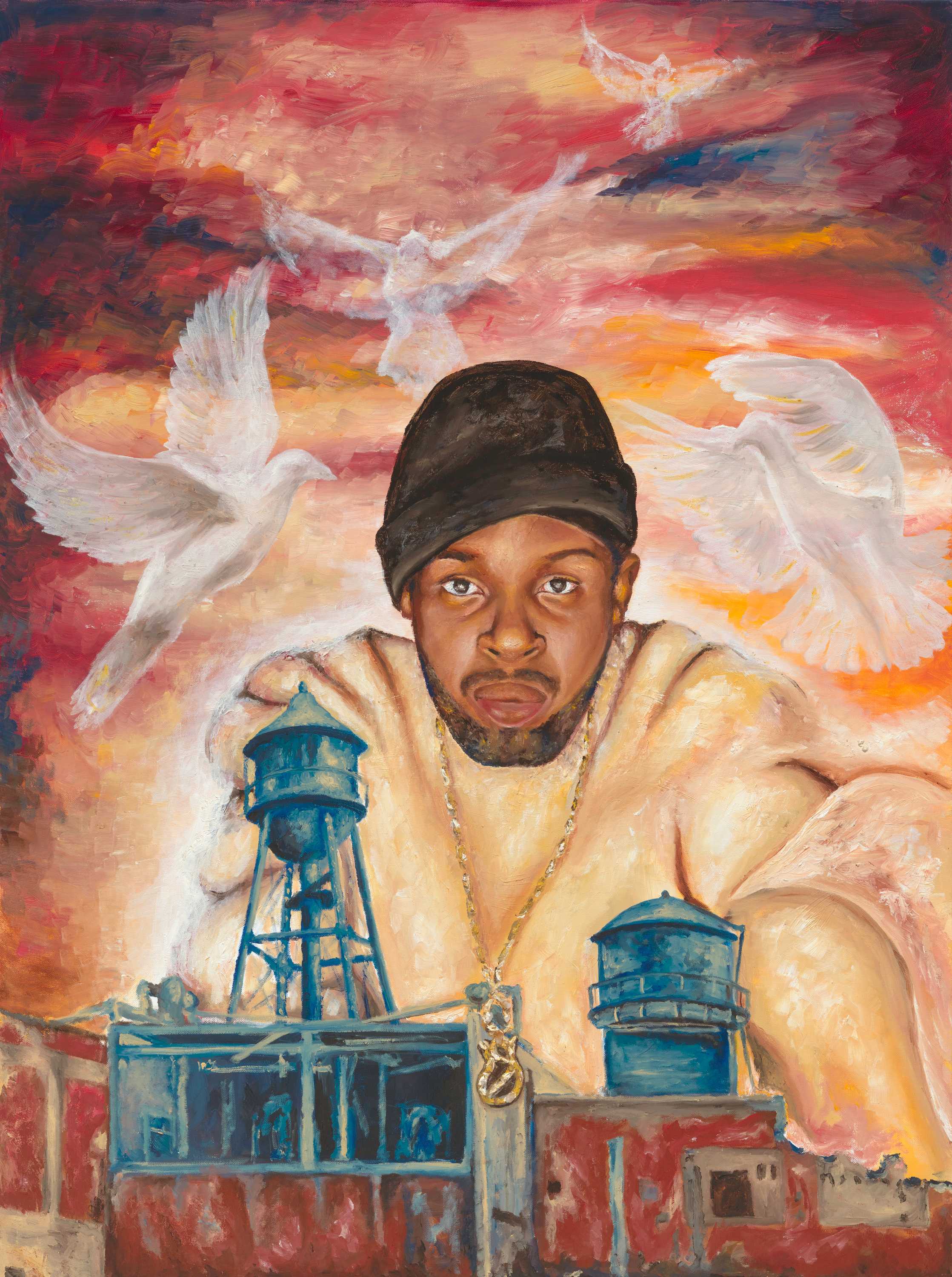 Color painting of man with hat and gold necklace with doves surrounding head with miniature prison structures before him