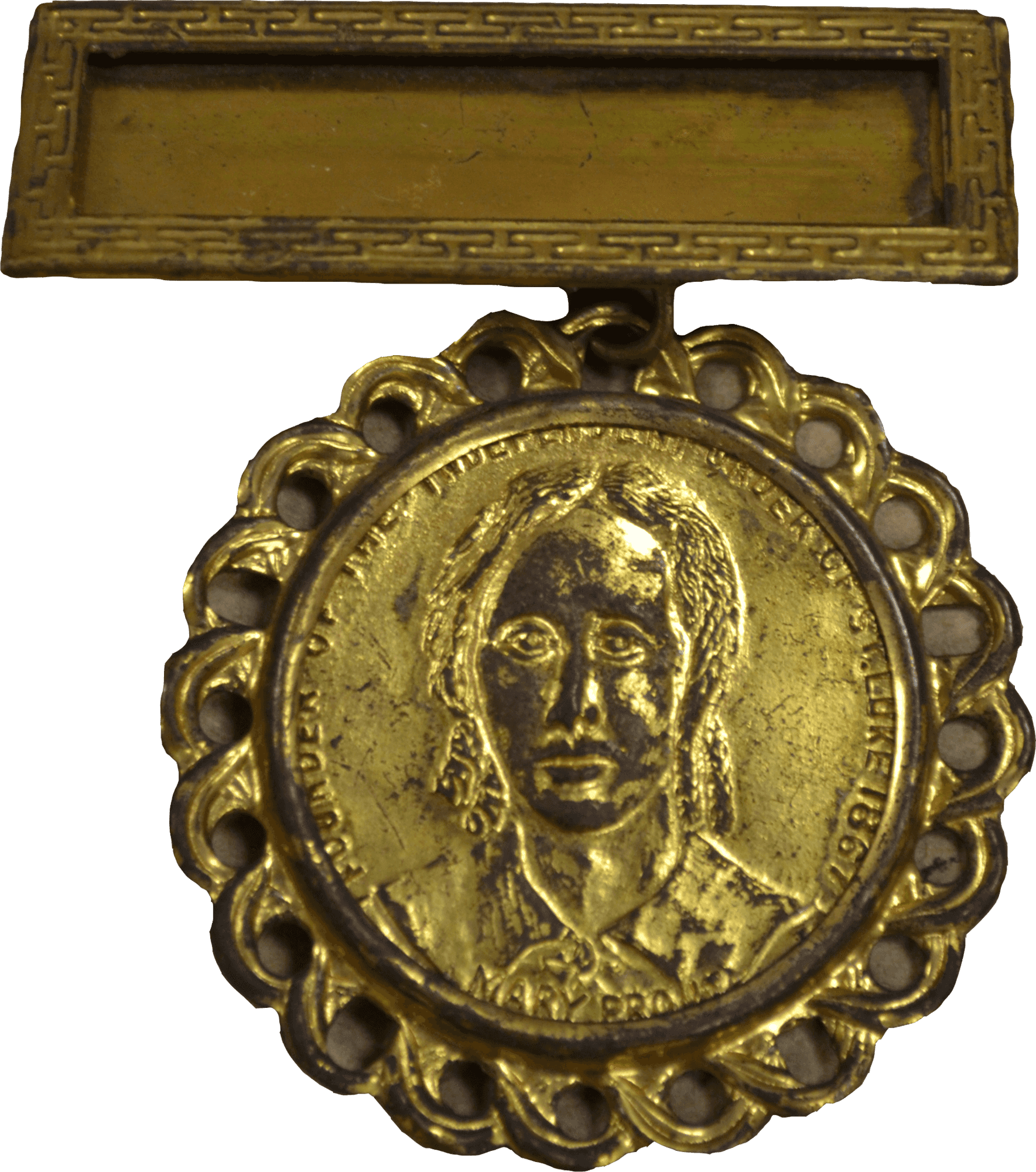 Image of pin with portrait of Independent Order of St. Luke founder Mary Prout