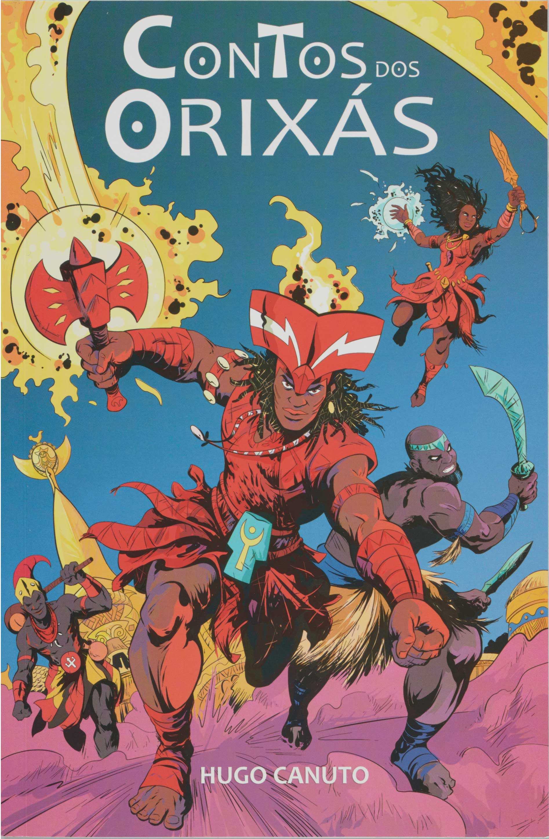 The front cover of Contos Dos Orixás has four Orixás reimaginined superheros. They are in an offensive stance with three on the ground and one in the sky.