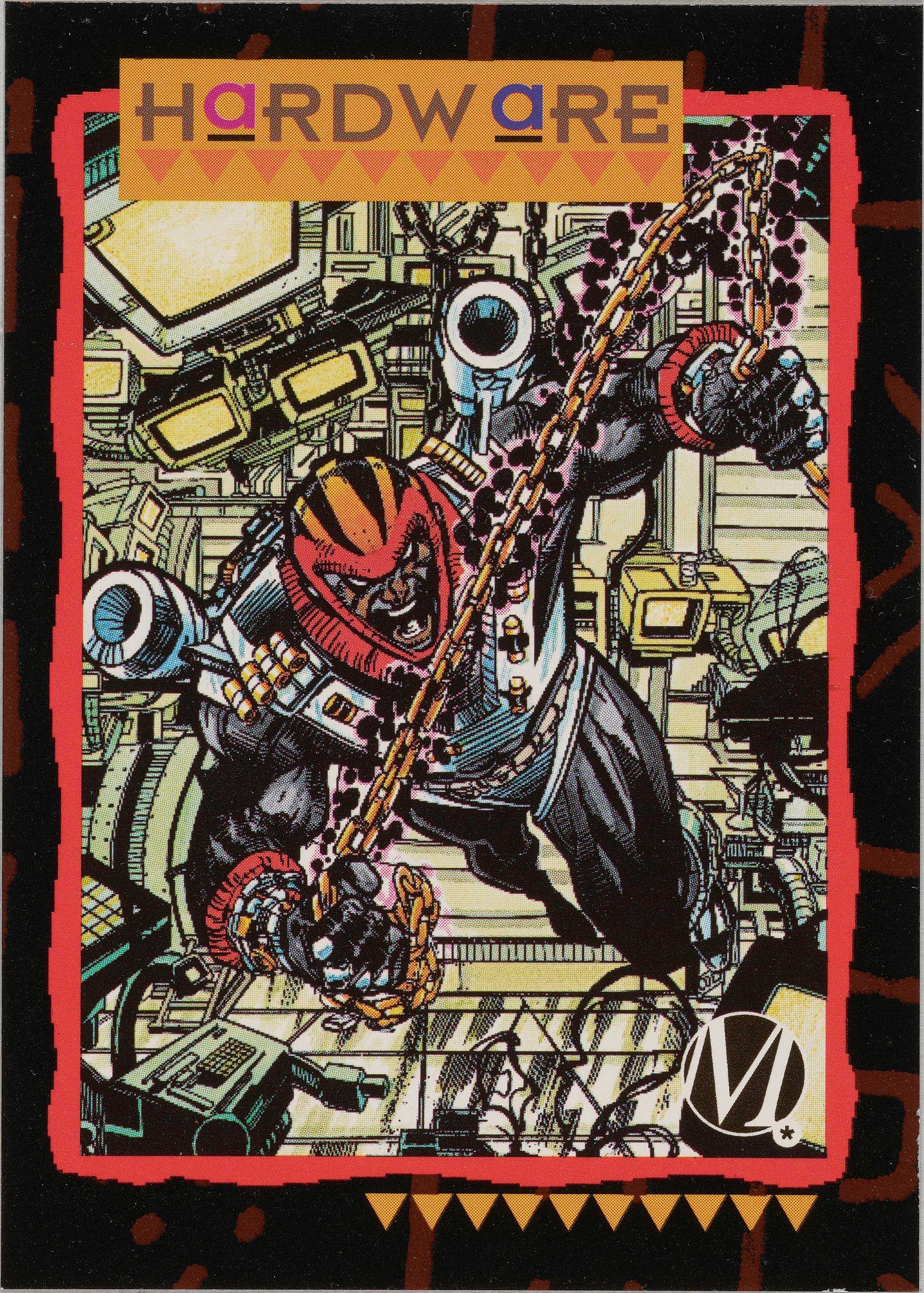 A trading card features a color image of the character Hardware in action.