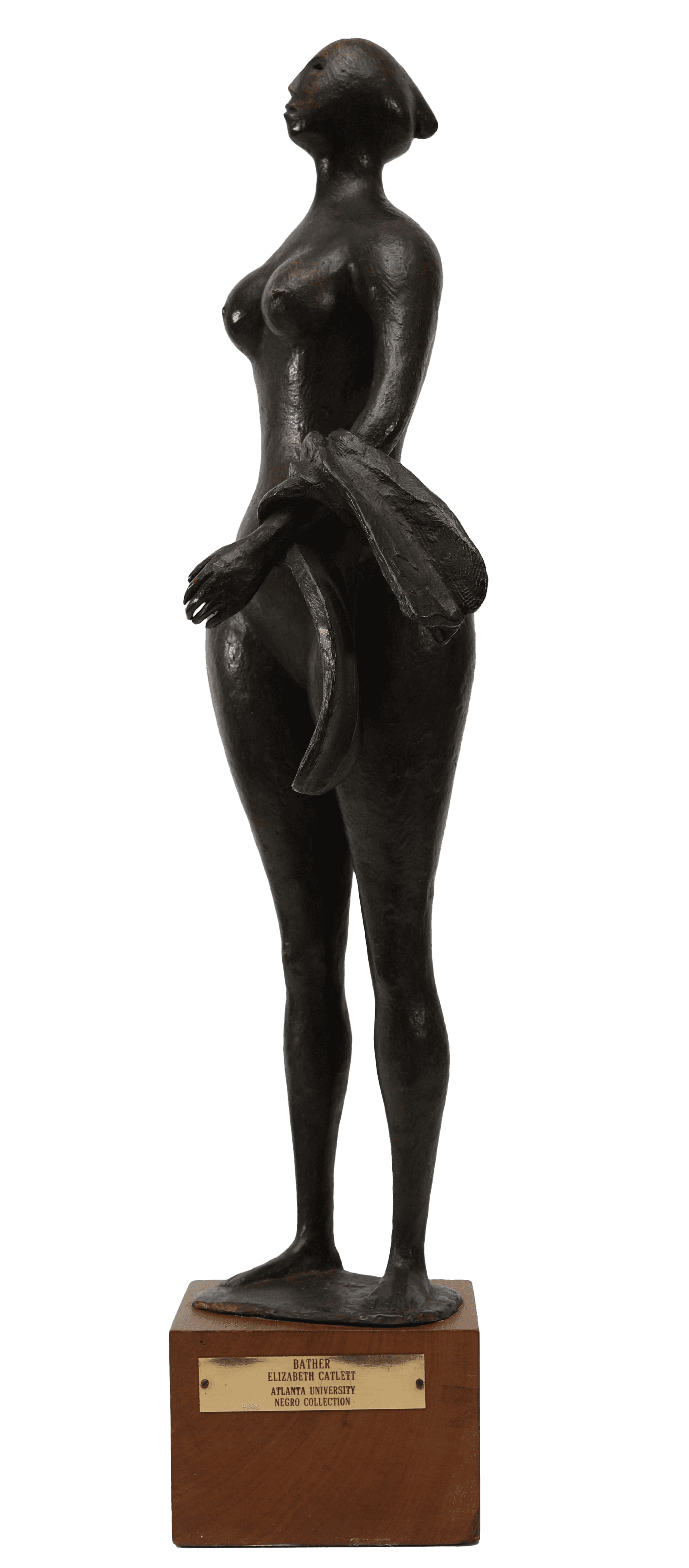 Bronze sculpture titled "Bather" by Elizabeth Catlett, depicting a standing female figure on a wooden base. Plaque indicates Negro Collection at Atlanta University.