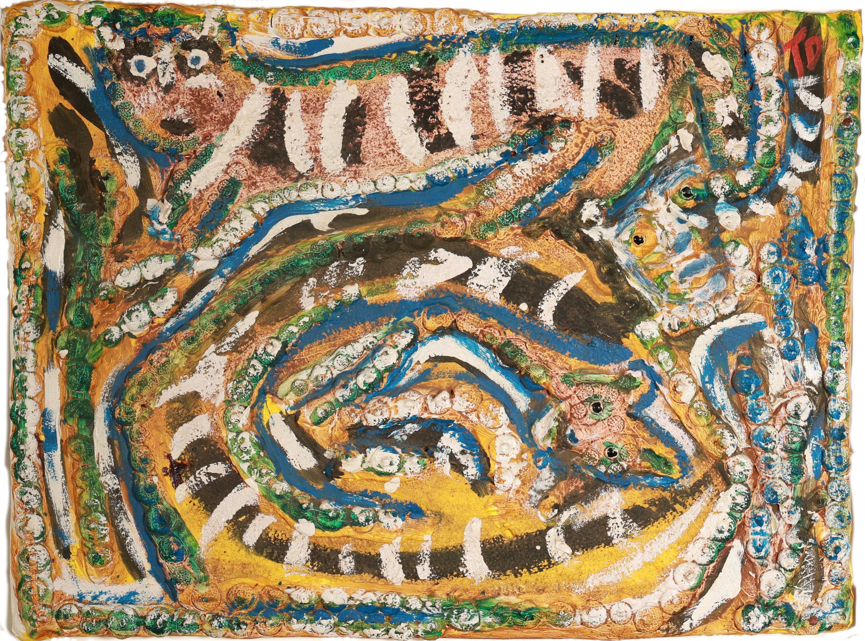 Colorful abstract painting with swirling animal-like shapes, striped bodies, and circular border.