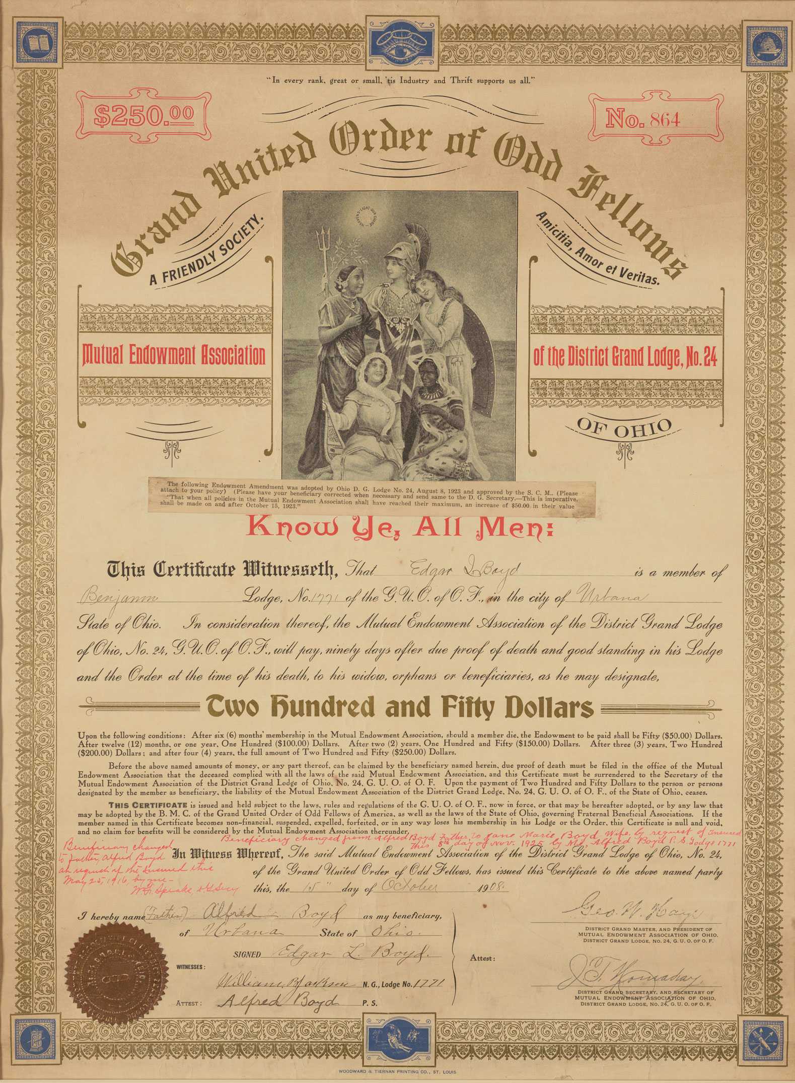 A certificate of endowment for the Grand United Order of Odd Fellows