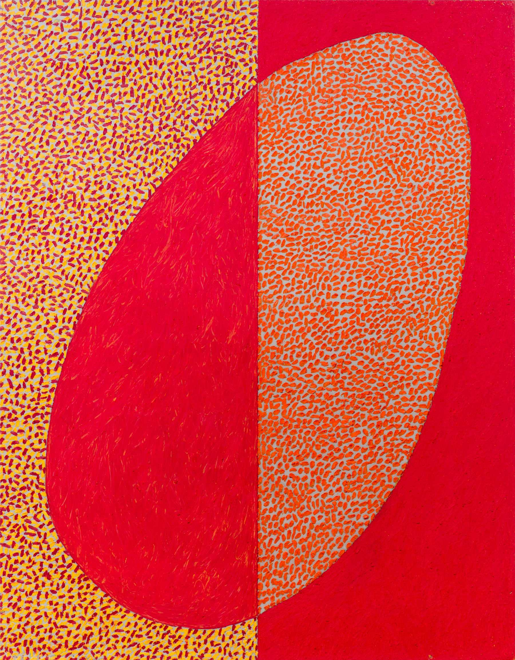 Abstract painting with a split background: left side has red and yellow dots, right side has orange and red dots, divided by a curved line.