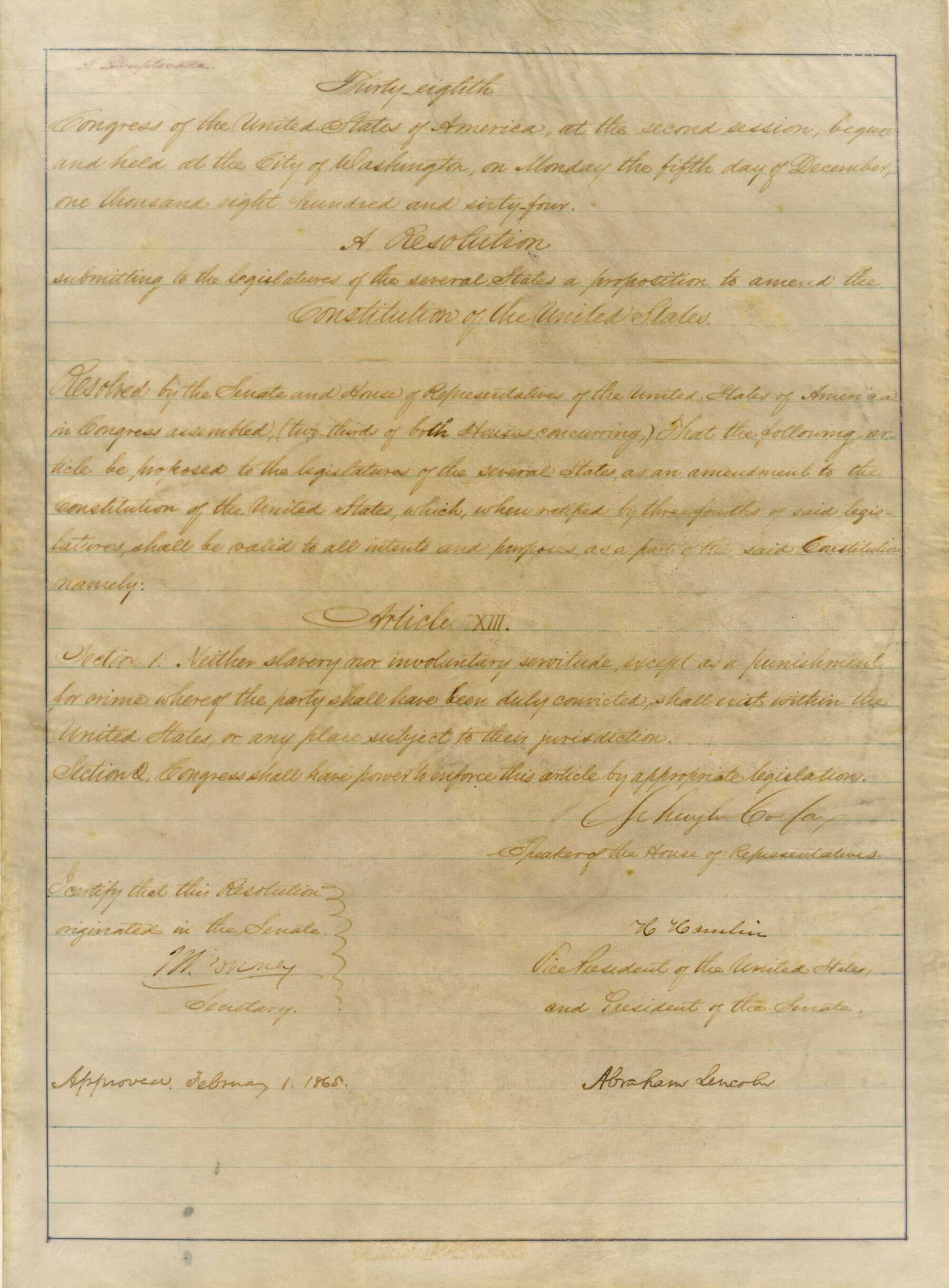 Document image of the 13th Amendment