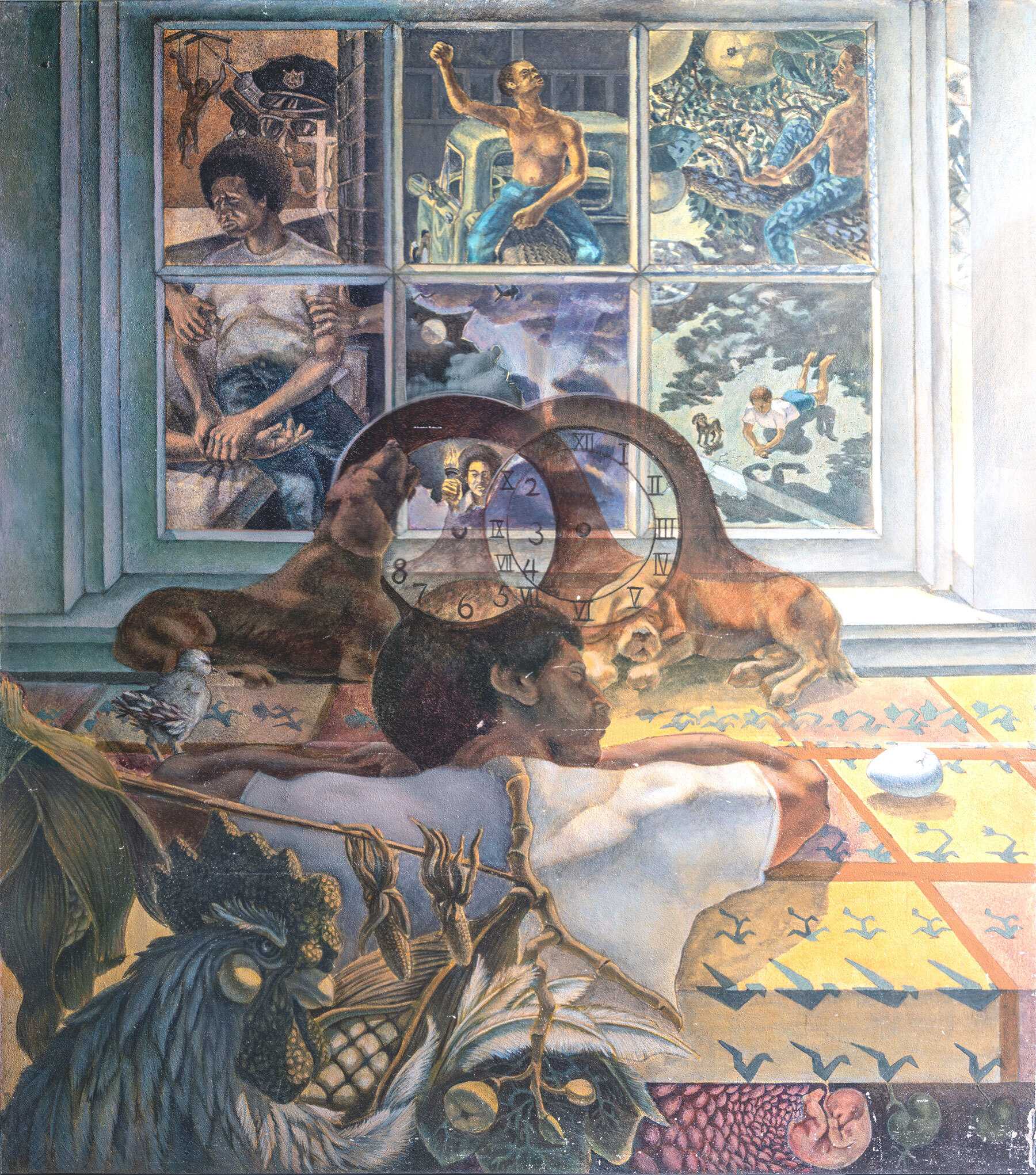 Surreal painting of a person lying on a patterned floor with a clock over their head and six scenes visible through a window.