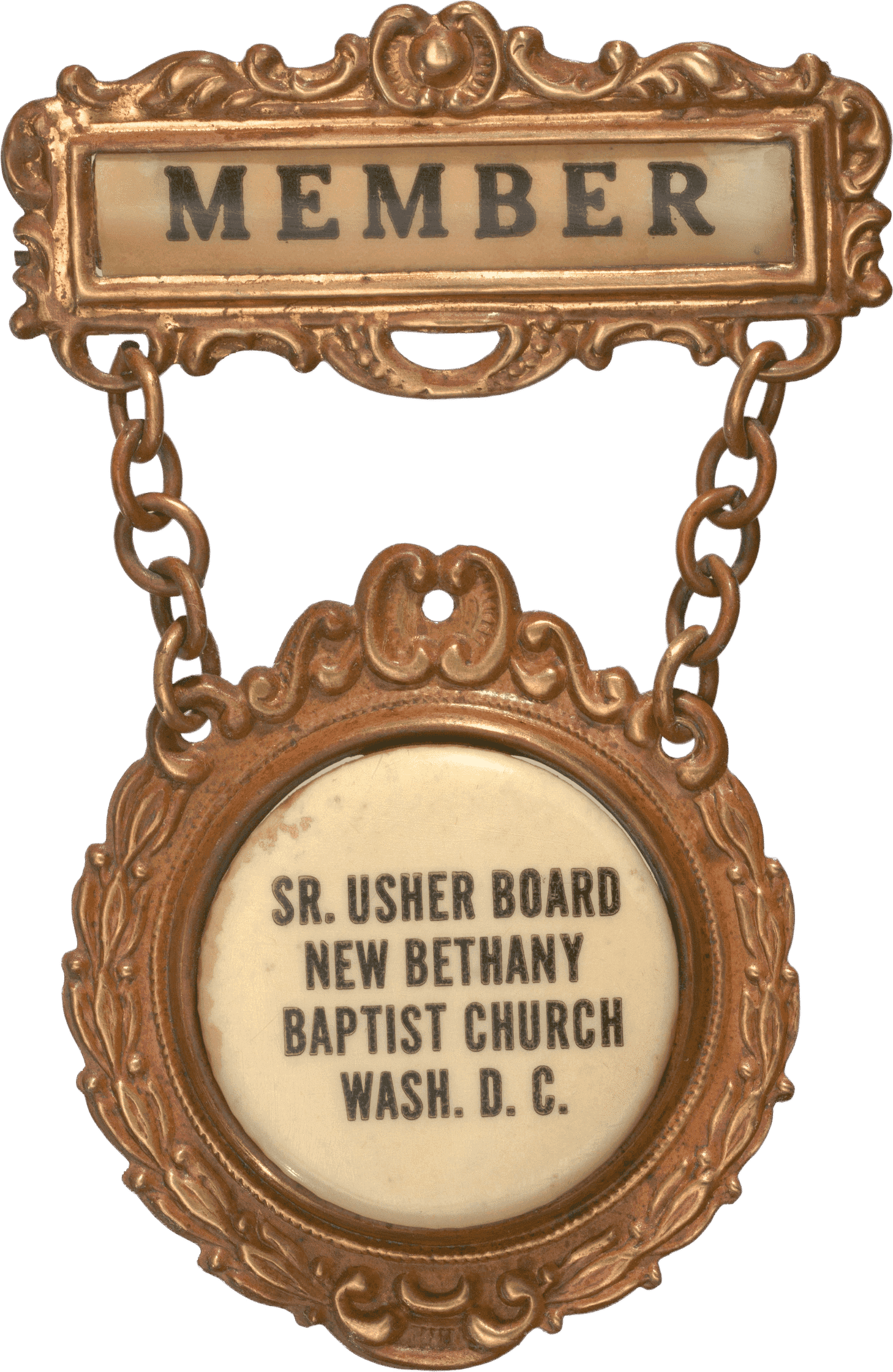 This is a faux gold usher badge was worn by Ruby Penn, a onetime member on the usher board at New Bethany Baptist Church in Washington, D.C.
