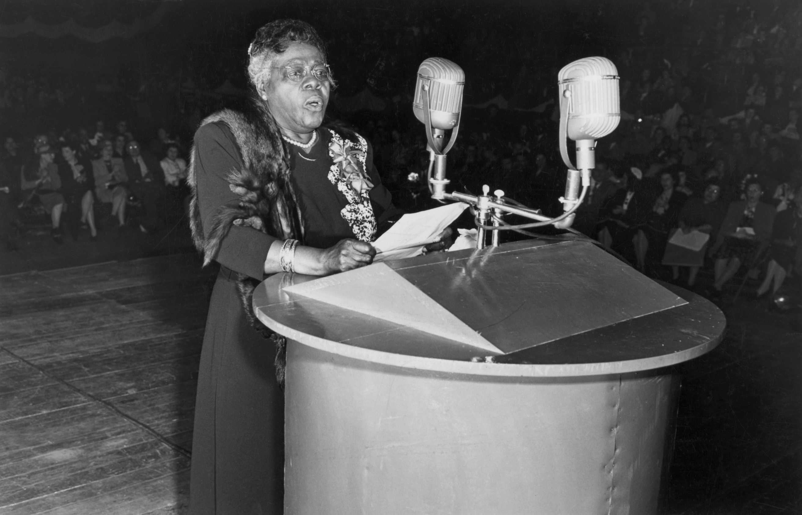 Photograph of Mary McLeod Bethune speaks to an audience at Madison Square Garden, New York City