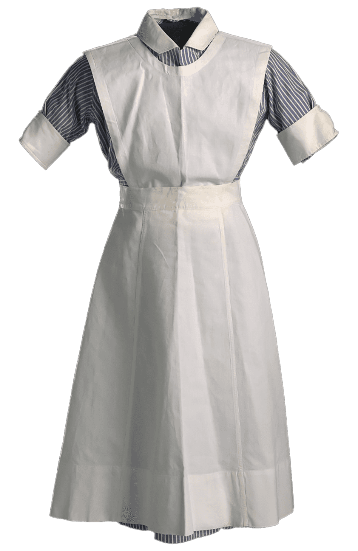 A blue-and-white striped nurse's uniform worn by Pauline Brown Payne. The dress has a button-up front and detachable white collar and sleeve cuffs. The collar is attached to the neck of the dress with one button at the nape and the collars are attached with two buttons on the outside of the sleeve. The sleeves have the manufacturer's information stamped in black ink on the inside and the collar there are two names written in freehand. The dress is an A-line silhouette with a pocket at the PL breast and one on the PR hip. The stripes of the dress are vertical, except at the waist, where there is a horizontally cut band. There are white buttons above and below as well as at the waist. There is a manufacturer's and a personal tag sewn to the inside nape of the neck.
