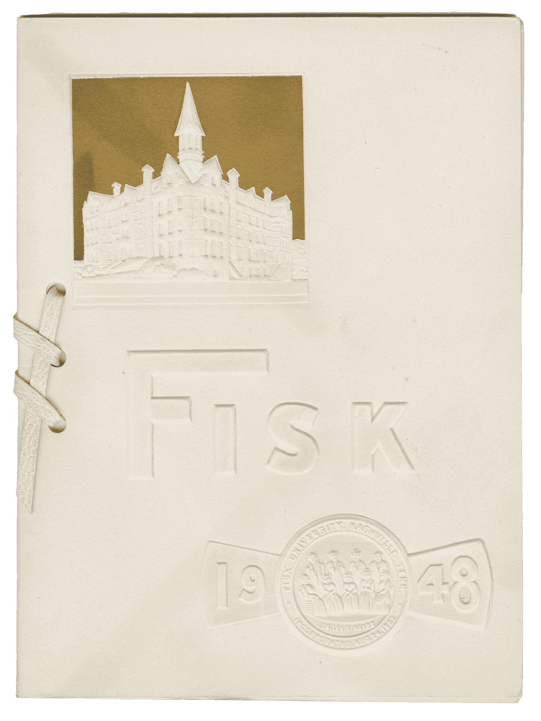 The booklet (2014.213.1.1) is bound with a thin string of leather threaded through three holes located at the center-left edge of the booklet.