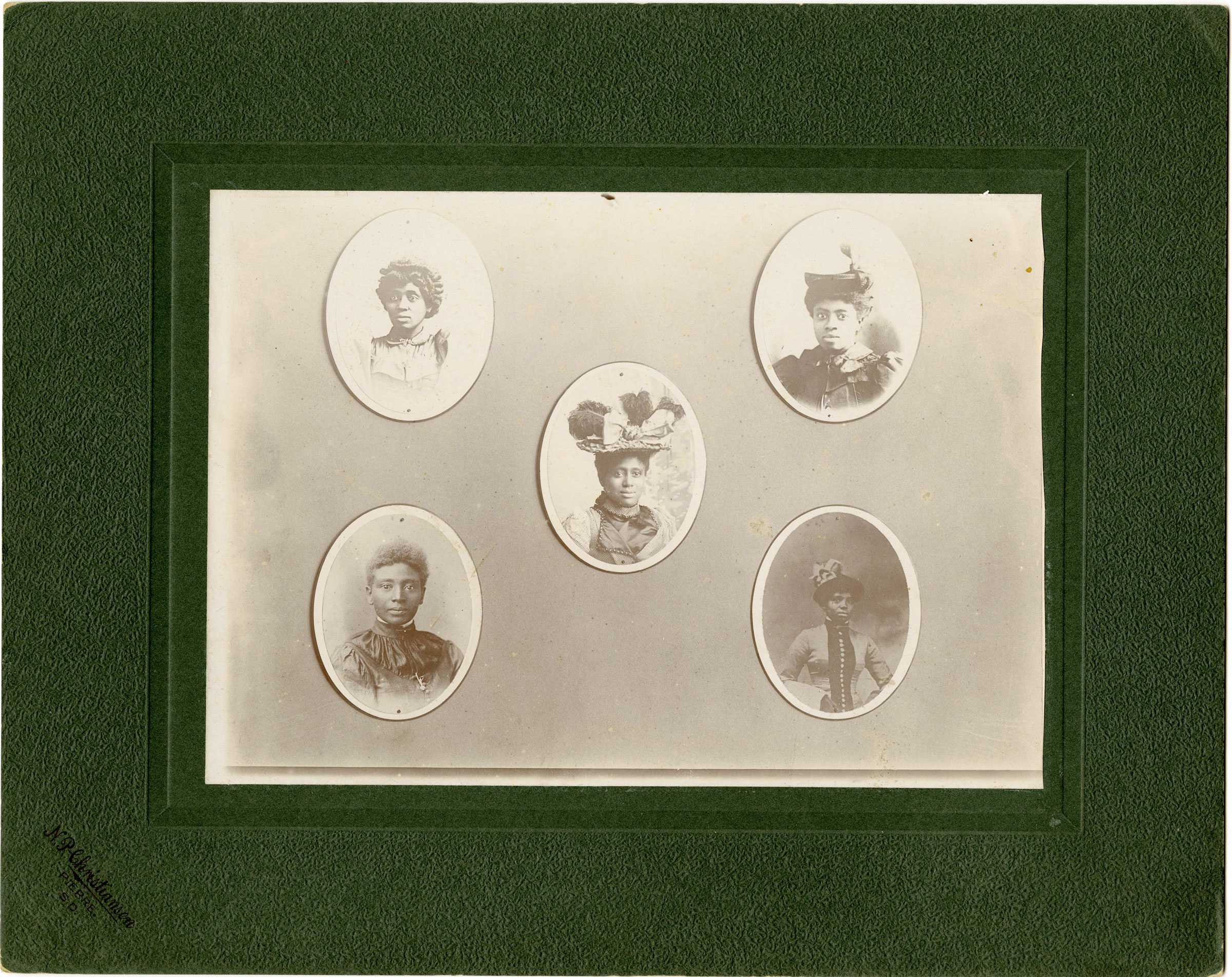 5 oval portraits of the residents. Each woman is wearing a hat, posed in a camera.