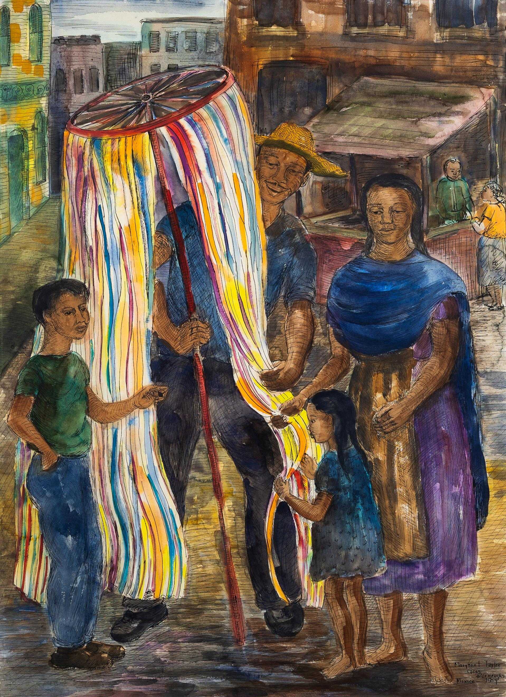 Paining showing a man in a marketplace displaying his ribbons for sale.  A woman and her two children look on.