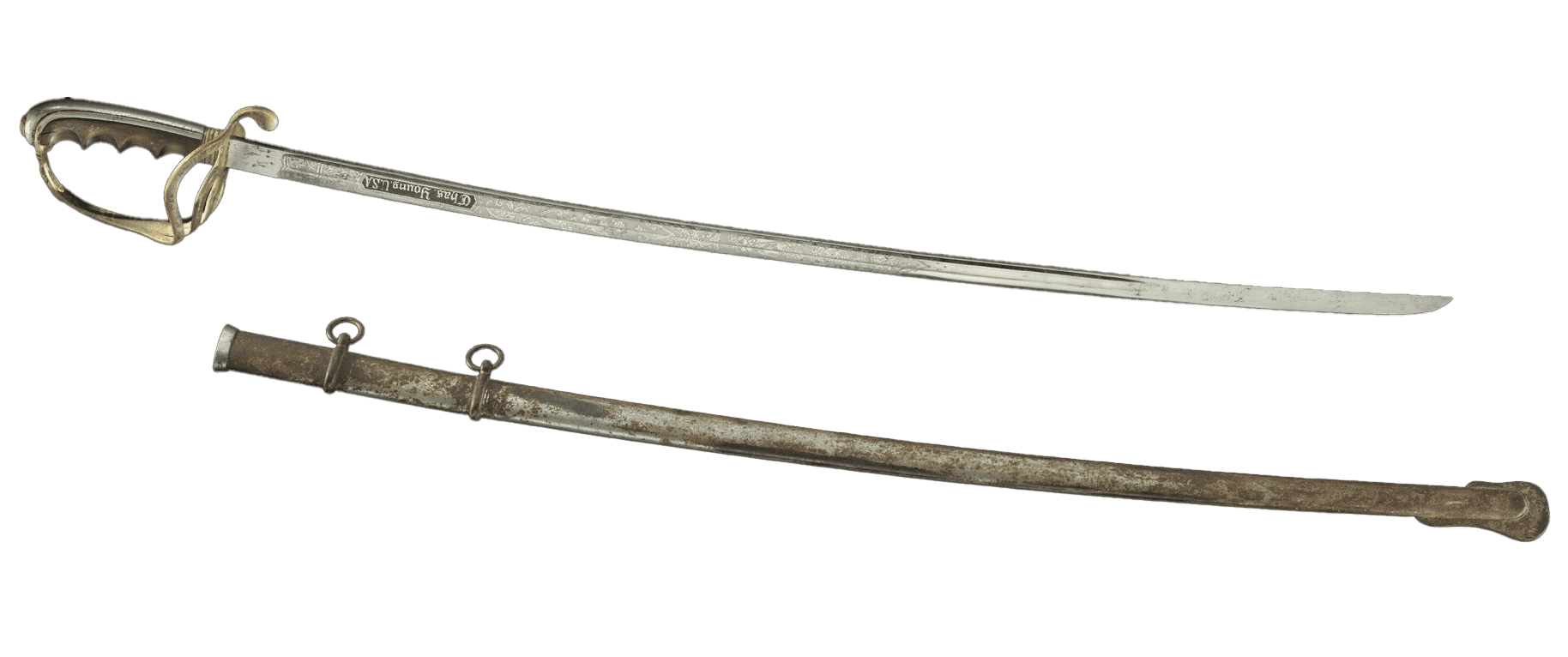 United States Army Officer's Presentation saber with scabbard owned by Colonel Charles Young.  The long thin blade has an intricately designed pattern over a frosted silver background.  The floral and Americana design features flags and cannons, as well as the text, [US], [Chas. Young, U.S.A.], and the Great Seal of the United States.  The hilt has basket overtop and a wooden handle with carved finger molds.  Above the hilt, inscribed into the medal, is text that reads, [S.N. Meyer / Washington DC].  On the edge of the blade above the hilt, [GERMANY] has been inscribed showing its place of origin.  

The scabbard is undecorated metal with two upraised lines attached to metal hoops.  At the bottom the hilt has an extended curved design applied.