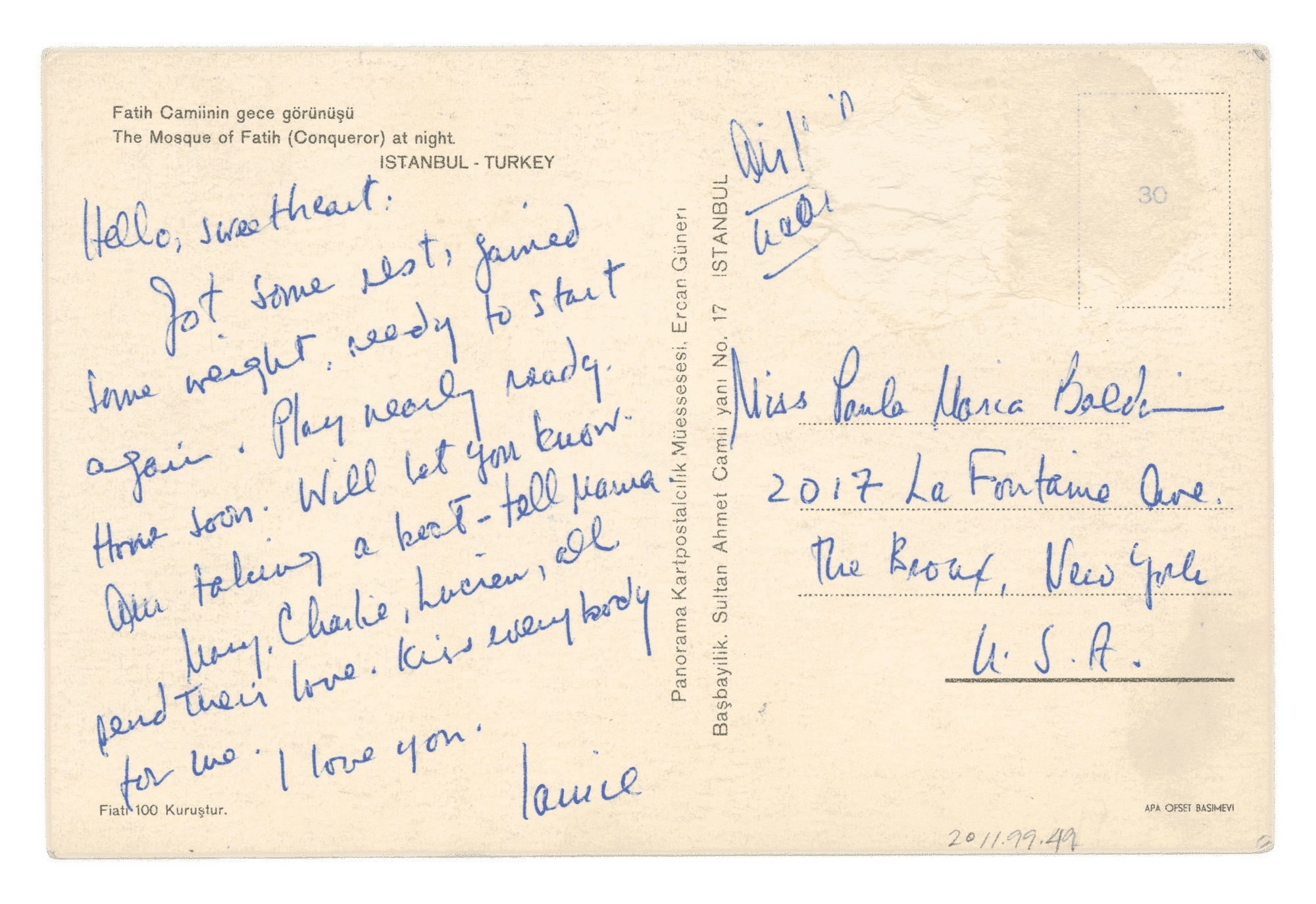 A handwritten postcard from James Baldwin to his sister, Paula Baldwin in which James tells his sister that he has "got some rest, gained some weight, [and is] ready to start again." The front of the postcard depicts the Fatih Mosque in Istanbul.