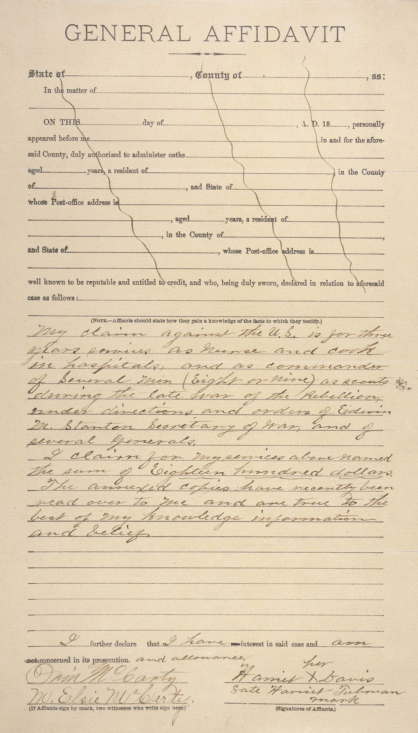 A yellow affidavit form. The notes part is completed by hand and signed at the bottom.