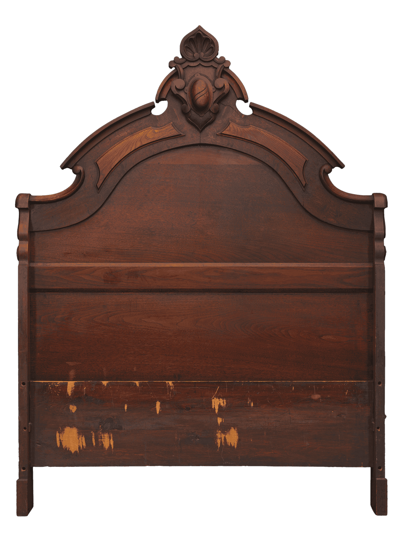 Arched, wooden headboard with carved center crown with palmette and oval medallion elements and ornamental carvings