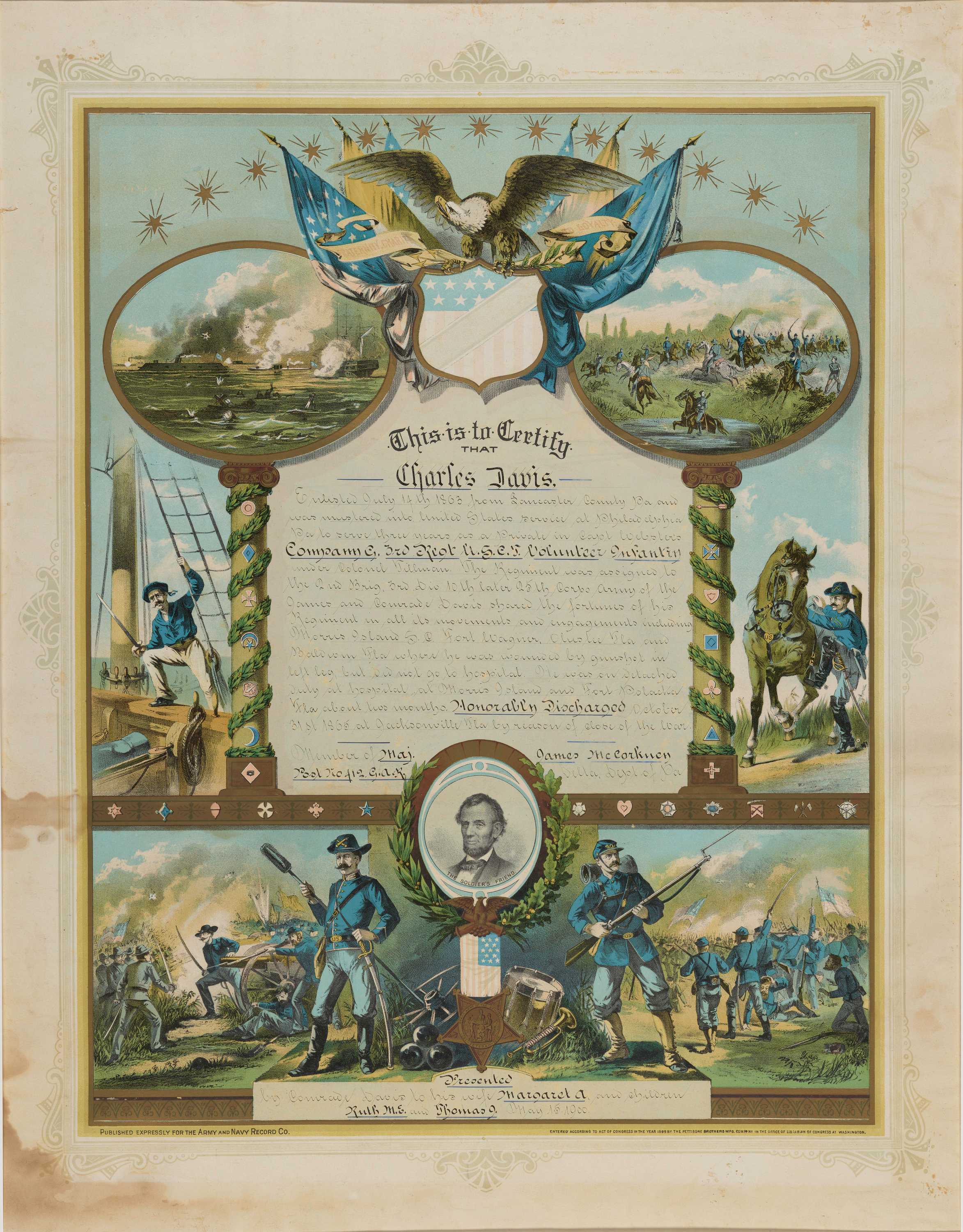 A certificate of Honorable Discharge from 1900 with colorful illustrations