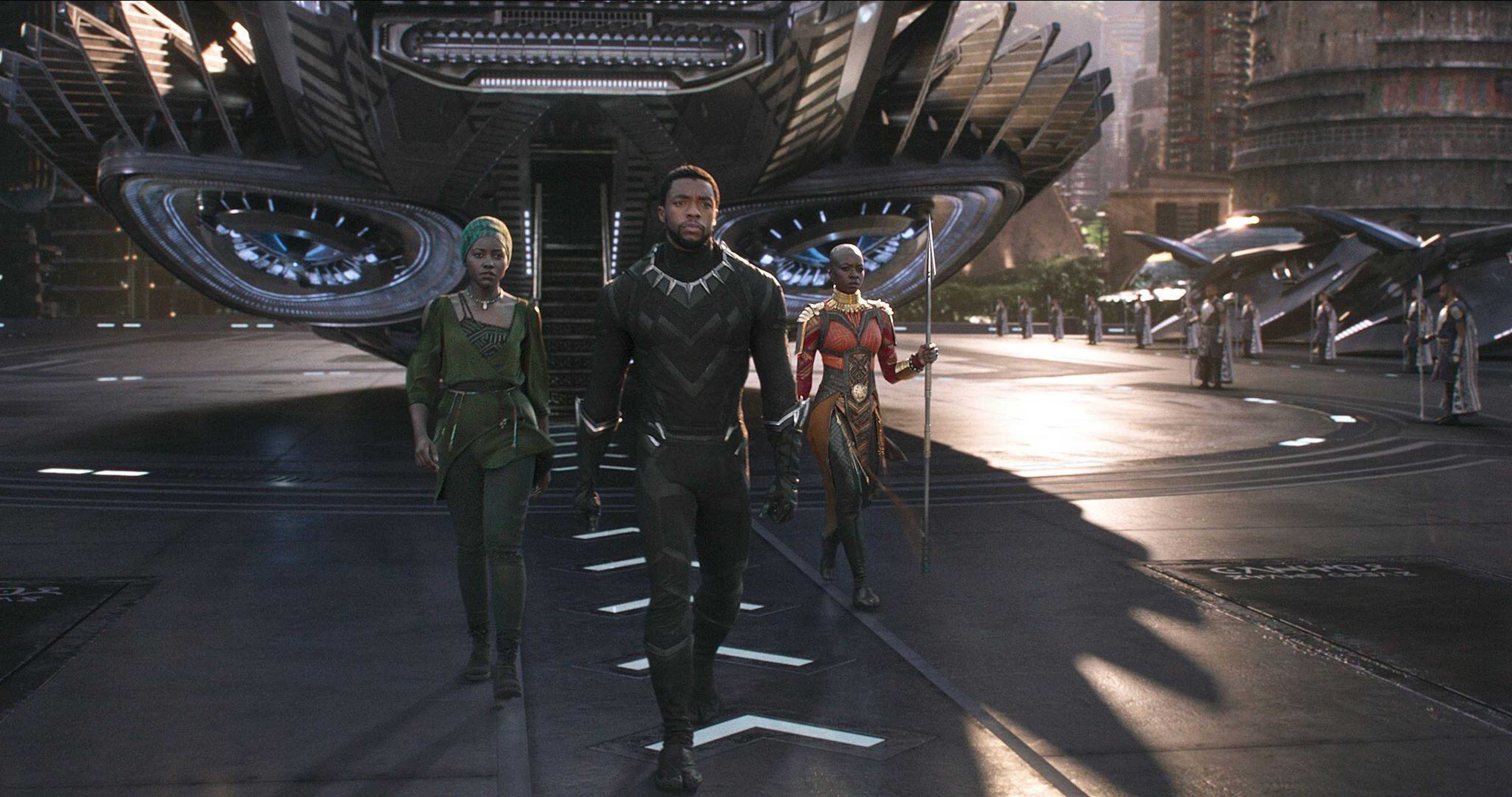 T’Challa, Okoye, and Nakia walking