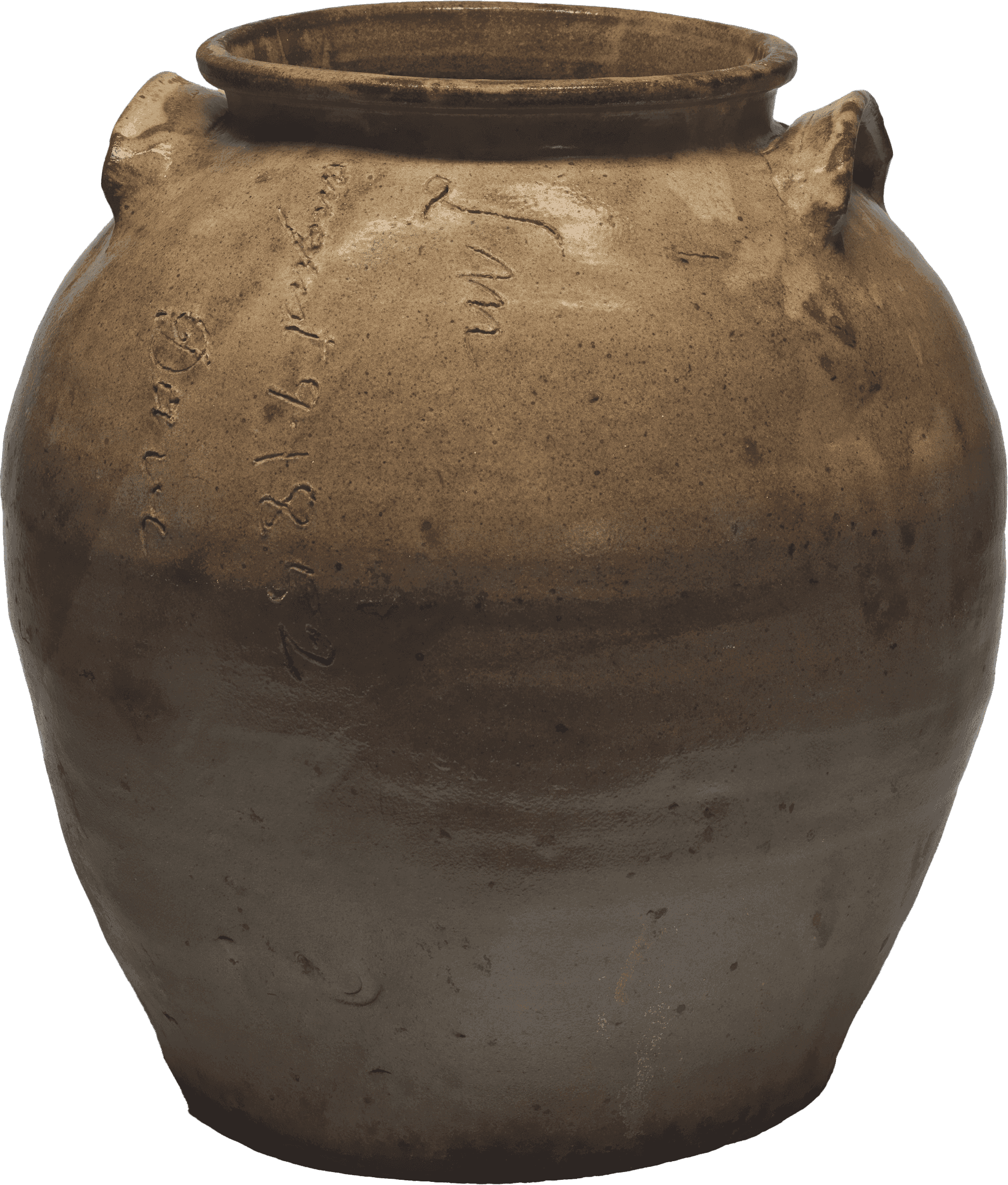 Brown colored jar with two small handles on the upper portion of body near rim. Signed and dated by artist vertically at upper body.