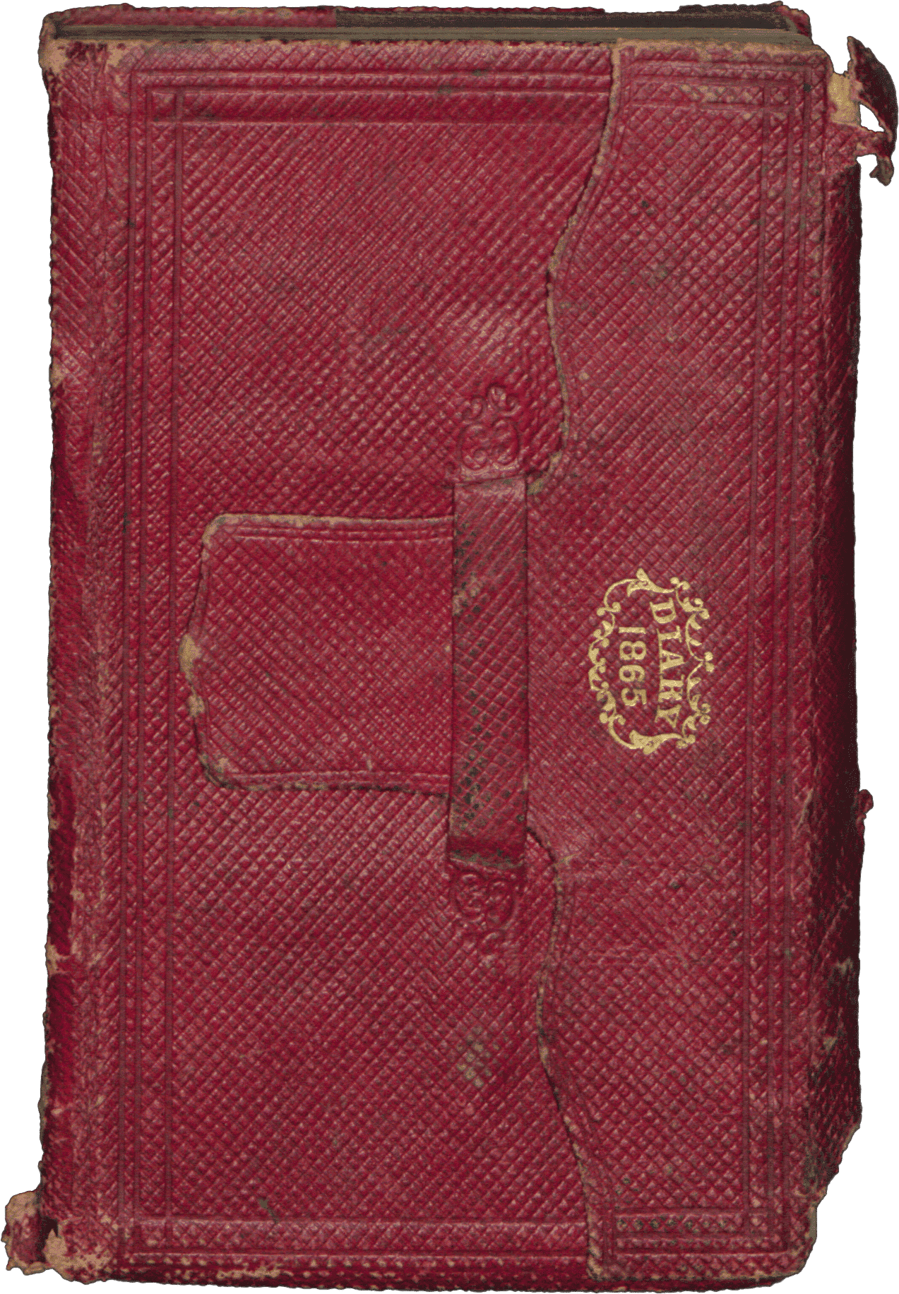 A handwritten diary encased in a red leather cover with "Diary / 1865" embossed in gold lettering at top center surrounded by an ornate wreath. The diary is inscribed on the front endpaper in both pencil and ink. The diary begins with several printed pages including a page outlining eclipses that occurred in 1865, a calendar, a table of stamp duties and rates of postage.  The diary entries were done predominantly in pencil. The diary begins on January 1, 1865 with the last entry occurring on September 30, 1865. The diary ends with a memorandum section and an accounts paid section. Both of these sections were used by Lieutenant John Freeman Shorter. A back pocket in the back of the diary contains two loose sheets of paper. One of the pieces of paper is a promotion certification for a second lieutenant in the 55th Massachusetts volunteer regiment. The document is written in ink.  It is dated April 19, 1865. Additional notes are written in pencil on the other side of the document. The second piece of paper has a list of people’s names, dollar amounts and dates written on both sides in both ink and pencil.