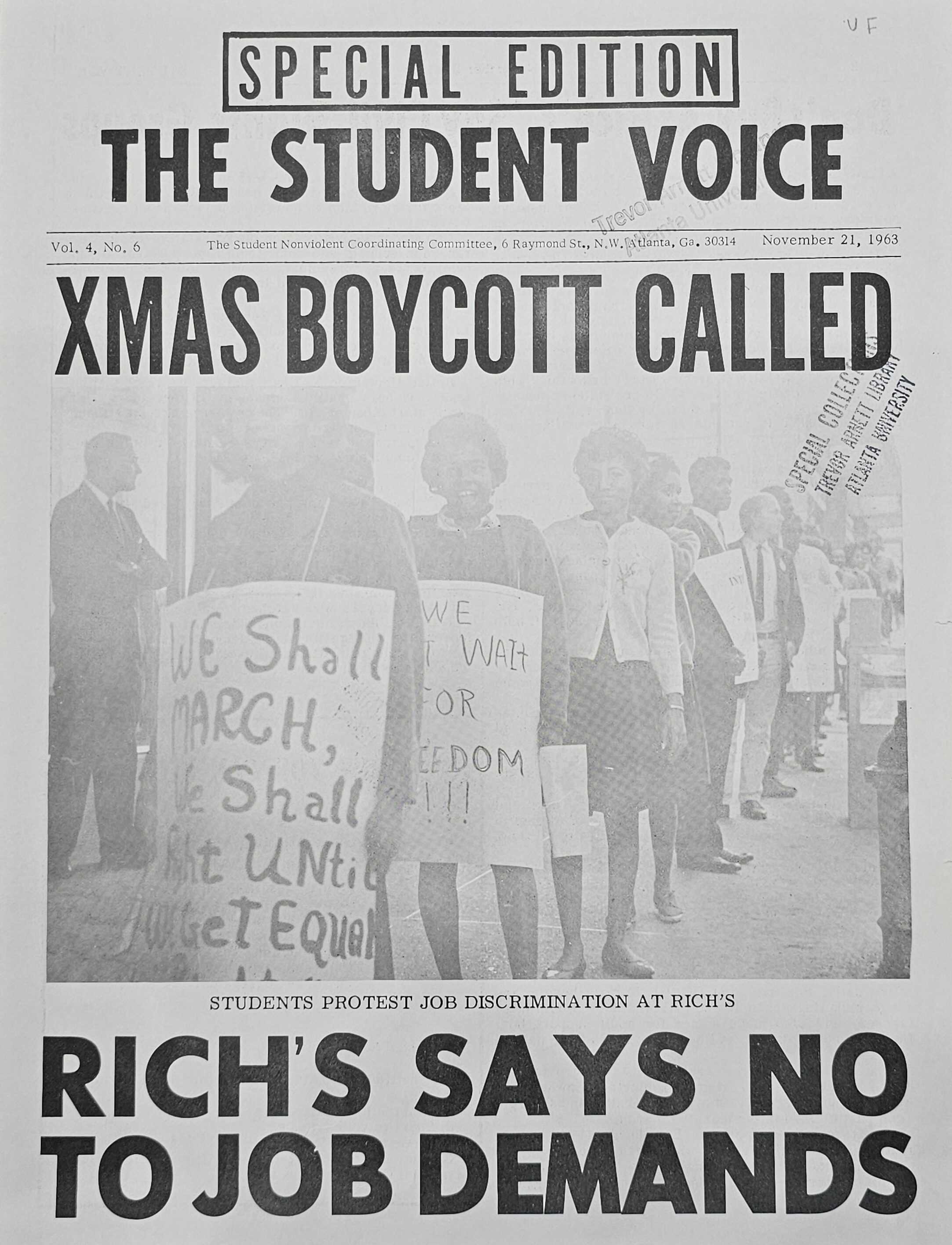 The image displays a newspaper headline from "THE STU" (likely "The Student") announcing "XMAS BOYCOTT CALLED" and a sub-headline stating "RICHS SAYS NO TO JOB DEMANDS."