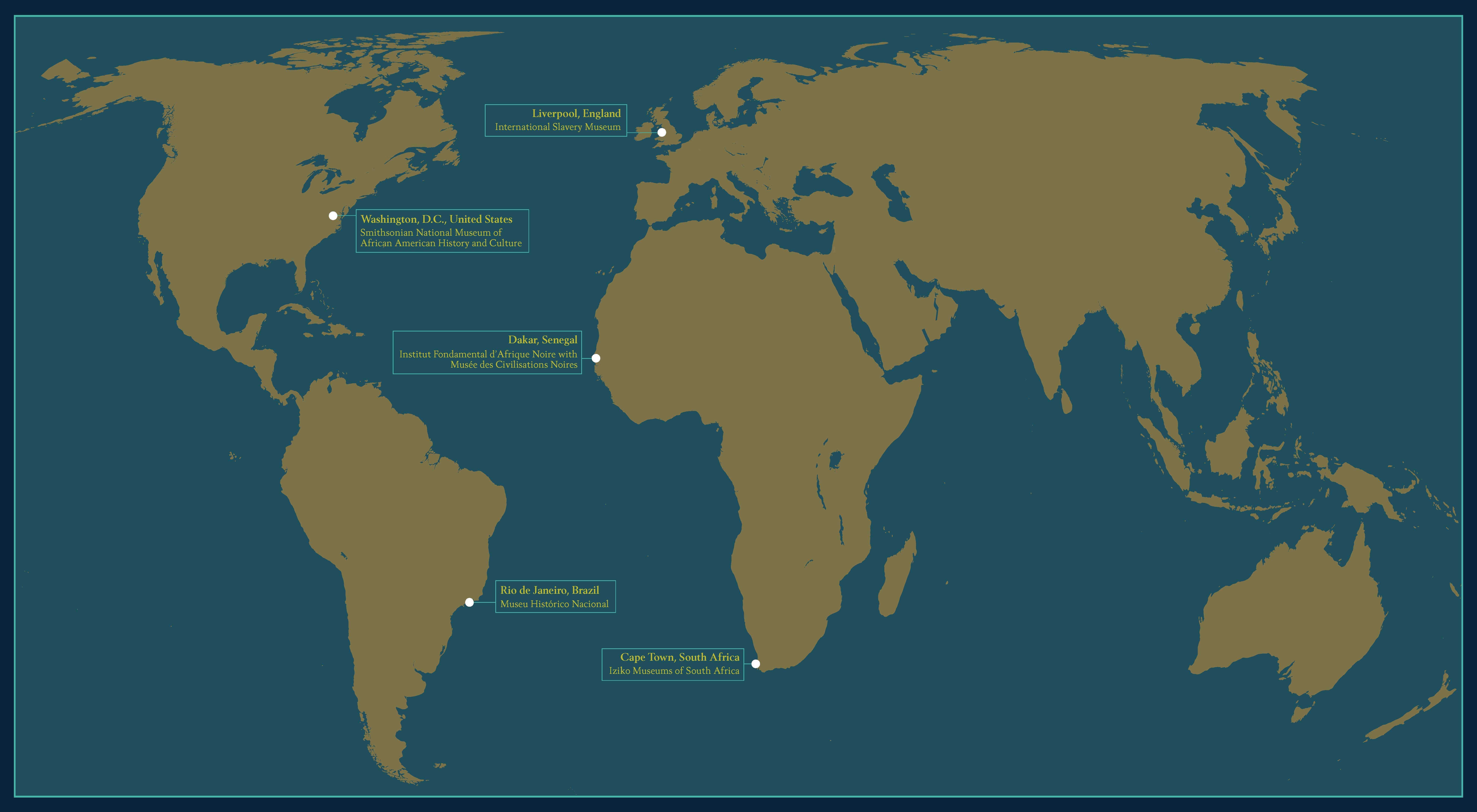 A blue map of the world showing cities in North and South America, Europe and Africa.  Specific cities are called out:  Washington D.C., Liverpool, Dakar, Rio de Janeiro and Cape Town.